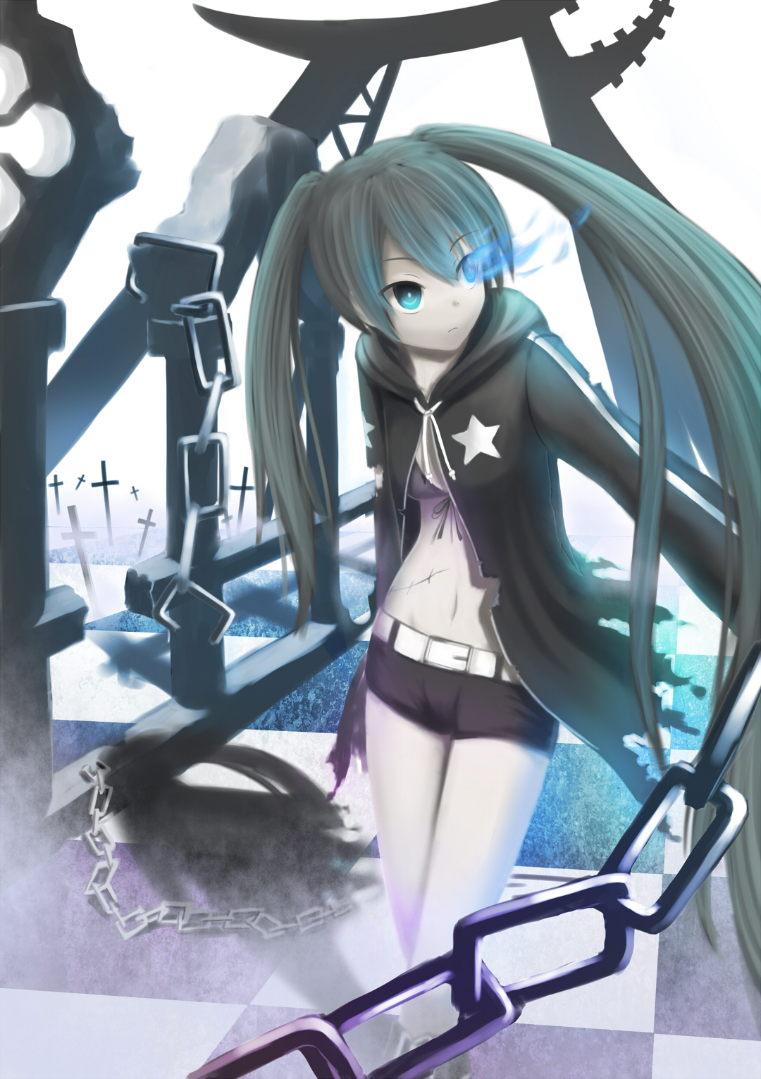 lino-lin, black rock shooter (character), black rock shooter, bad id, bad pixiv id, highres, 10s, belt, bikini, bikini top only, black hair, blue eyes, chain, coat, glowing, glowing eyes, long hair, scar, shorts, solo, star (symbol), swimsuit, twintails, uneven twintails, very long hair