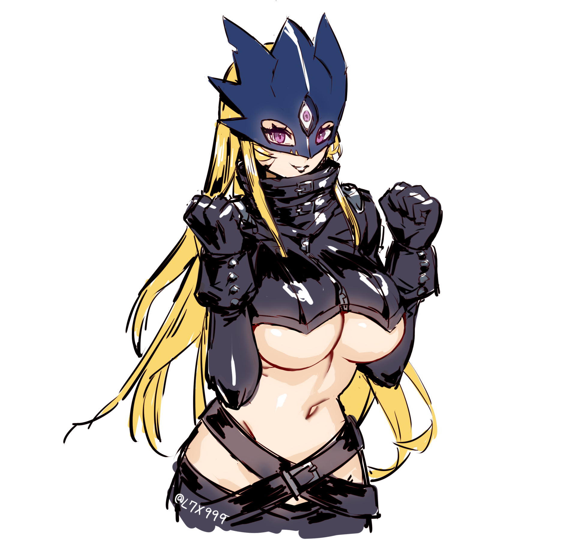 guang li zi, beelstarmon, digimon, commentary request, highres, large variant set, variant set, 1girl, belt, black belt, black coat, black gloves, black pants, black vest, blonde hair, blue mask, breasts, clenched hands, coat, cowboy shot, cropped vest, digimon (creature), eye mask, gloves, groin, hair between eyes, large breasts, leather, leather pants, long hair, looking at viewer, mask, navel, pants, parted lips, purple eyes, sidelocks, simple background, smile, standing, stomach, third eye, tight clothes, tight pants, twitter username, underboob, vest, white background