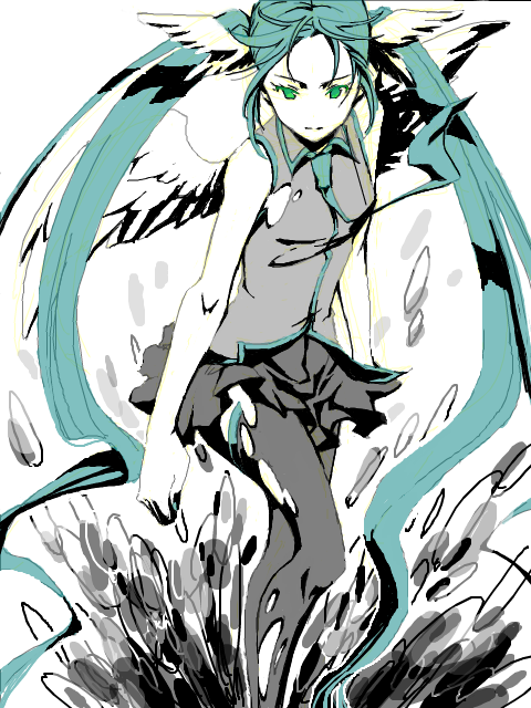 nagi (pixiv), hatsune miku, vocaloid, 1girl, aqua hair, female focus, green eyes, head wings, long hair, necktie, oekaki, skirt, solo, thighhighs, twintails, very long hair, wings