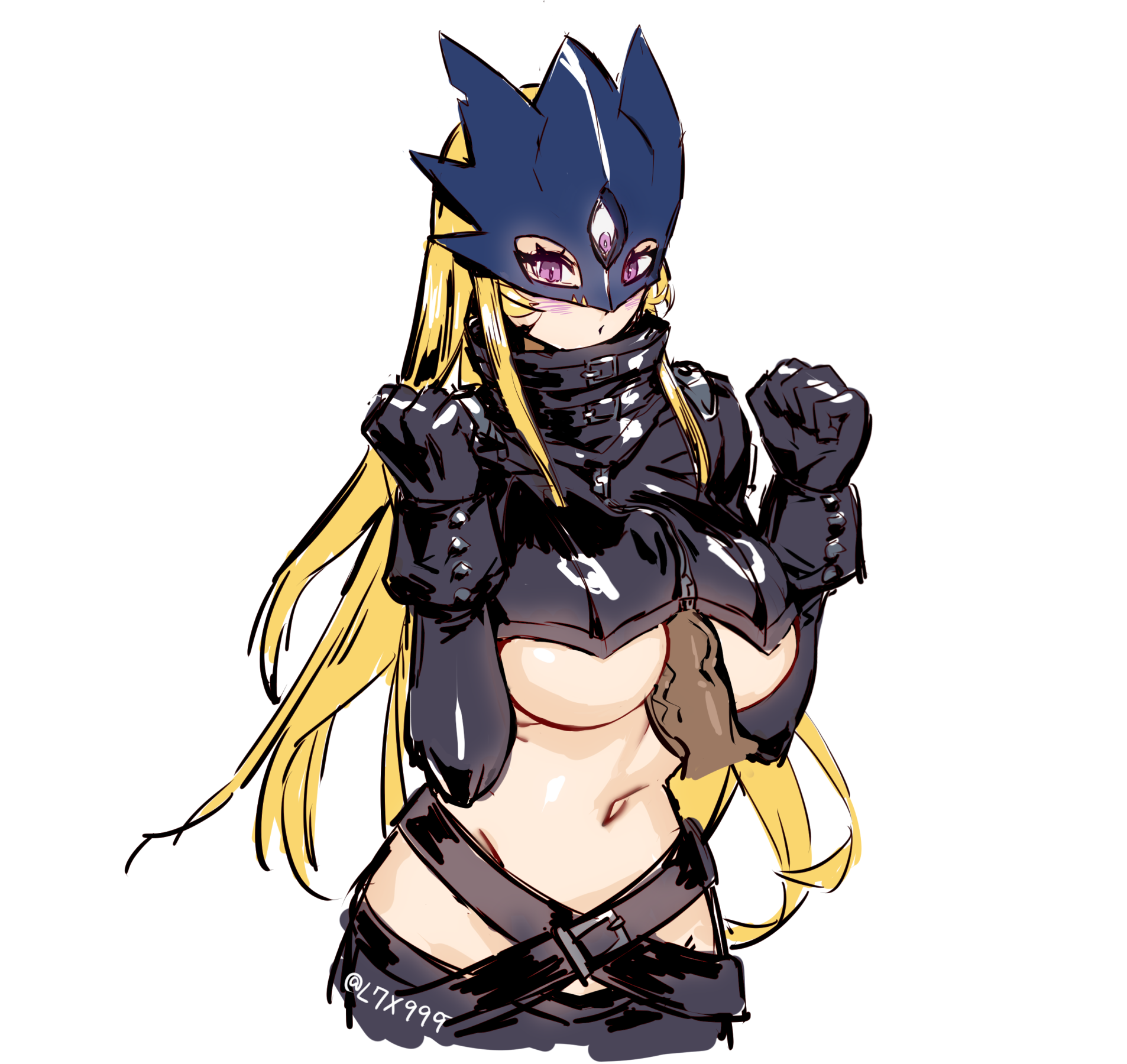 guang li zi, beelstarmon, digimon, commentary request, highres, large variant set, variant set, 1girl, belt, black belt, black coat, black gloves, black pants, black vest, blonde hair, blue mask, blush, breasts, clenched hands, coat, cowboy shot, cropped vest, digimon (creature), disembodied penis, eye mask, gloves, groin, hair between eyes, handsfree paizuri, large breasts, leather, leather pants, long hair, looking down, mask, navel, paizuri, pants, penis, purple eyes, sidelocks, simple background, standing, stomach, third eye, tight clothes, tight pants, twitter username, underboob, veins, veiny penis, vest, white background