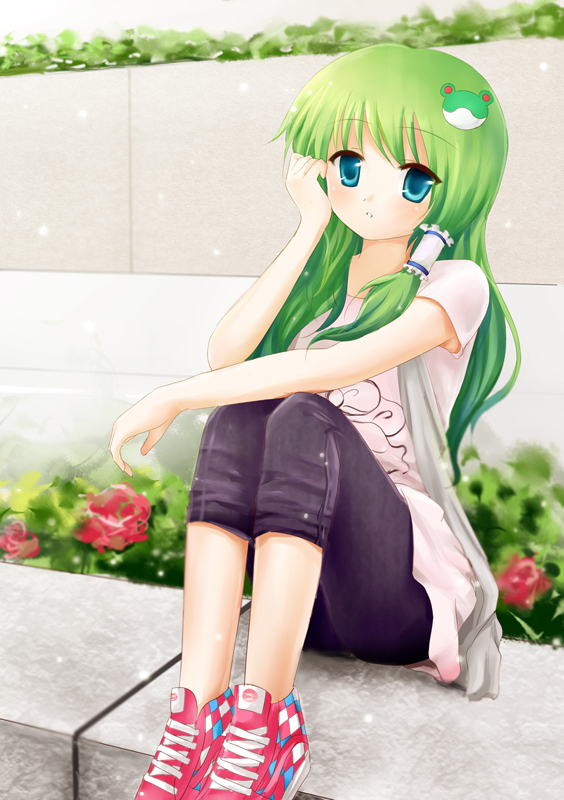 nikoo, kochiya sanae, touhou, bad id, bad pixiv id, 1girl, alternate costume, casual, contemporary, female focus, outdoors, plant, sitting, solo