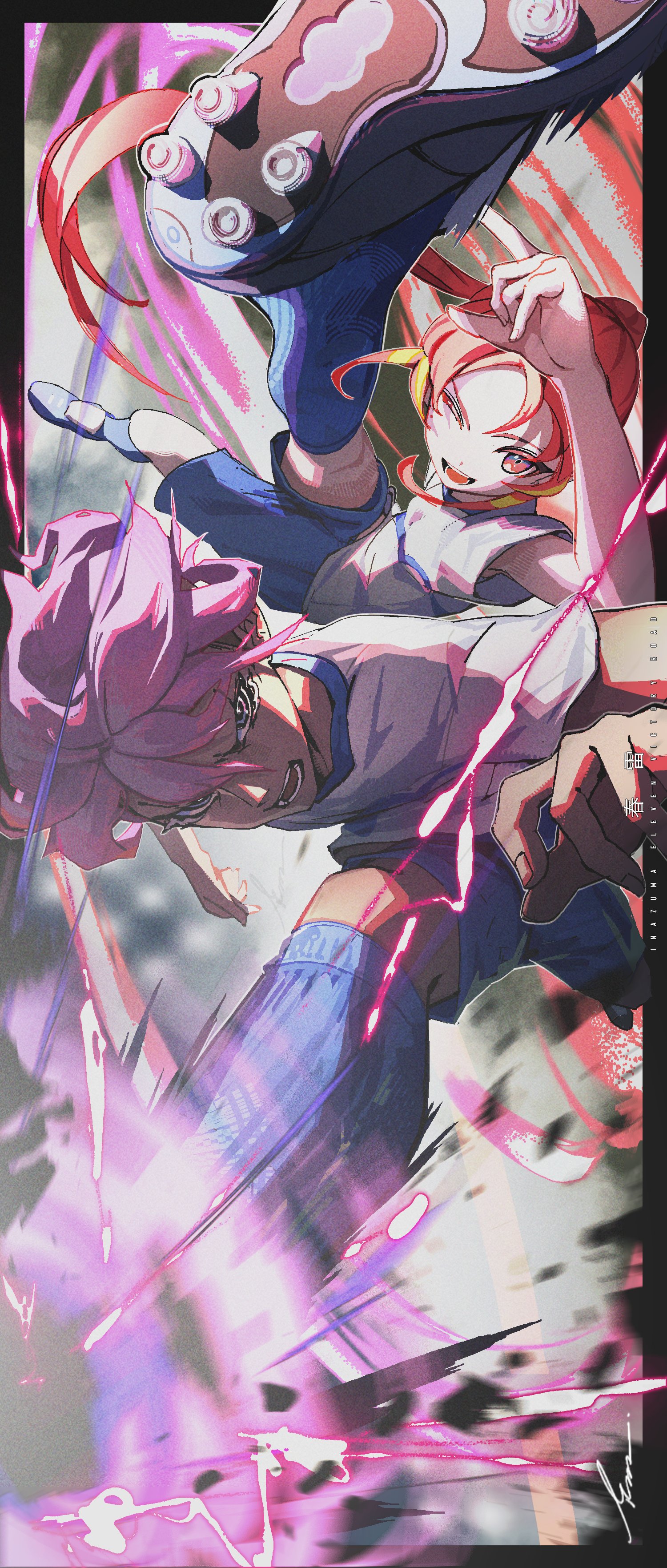 sakumo (hrnb0122issy), sakurazaki jouji, shinohara raika, inazuma eleven (series), inazuma eleven victory road, absurdres, commentary request, highres, 1boy, 1girl, blue shorts, blue socks, dark-skinned male, dark skin, long hair, looking at viewer, one eye closed, open mouth, pink hair, purple hair, shirt, shoes, short hair, short sleeves, shorts, soccer uniform, socks, sportswear, white shirt