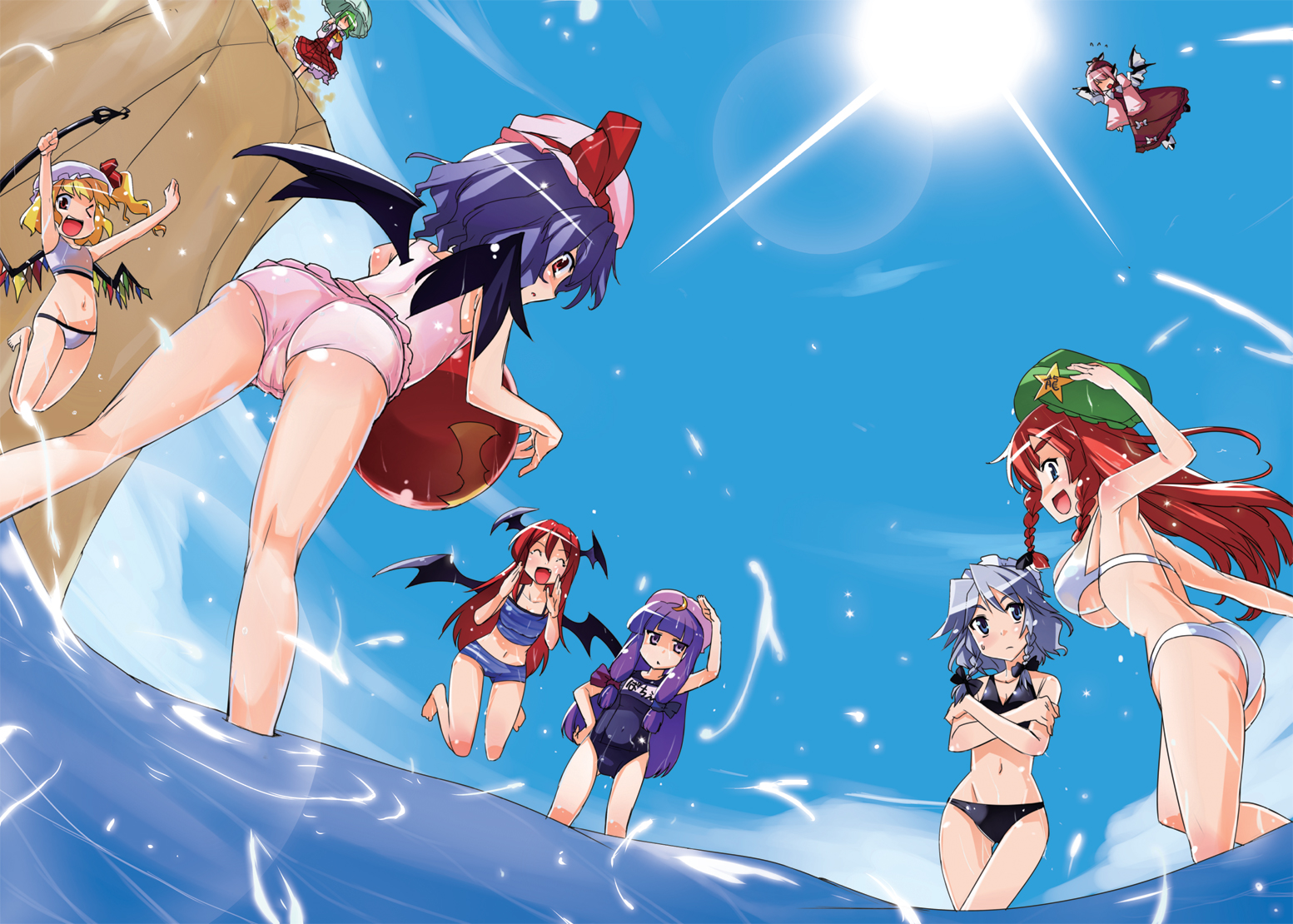 kiku hitomoji, tora tooru, toru tooru, flandre scarlet, hong meiling, izayoi sakuya, kazami yuuka, koakuma, mystia lorelei, patchouli knowledge, remilia scarlet, embodiment of scarlet devil, touhou, 6+girls, ass, bat wings, beach, bikini, breast envy, breasts, cameltoe, day, demon girl, female focus, flower, flying, from below, large breasts, lens flare, midriff, multiple girls, one-piece swimsuit, outdoors, parasol, plaid clothes, plaid skirt, plaid vest, school swimsuit, skirt, skirt set, sun, sunflower, swimsuit, sword, tankini, umbrella, underboob, vest, wading, water, weapon, wings