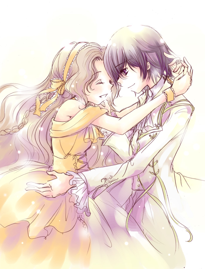 muu, lelouch vi britannia, nunnally vi britannia, code geass, bad id, bad pixiv id, 00s, black hair, blush, braid, brother and sister, brown hair, closed eyes, dancing, dress, formal clothes, long hair, purple eyes, siblings