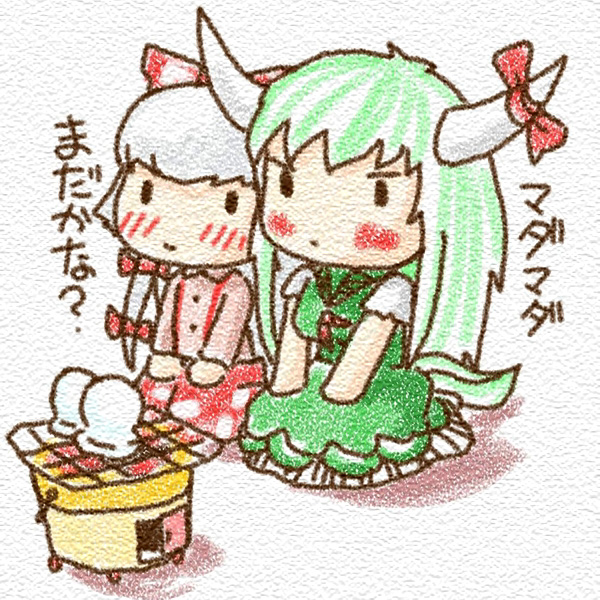 yosudon, ex-keine, fujiwara no mokou, kamishirasawa keine, touhou, silver hair, translated, 2girls, blush, chibi, cooking, dress, female focus, food, green hair, grill, grilling, hair ribbon, horns, long hair, mochi, multiple girls, ribbon, shichirin, sitting, tail, wagashi