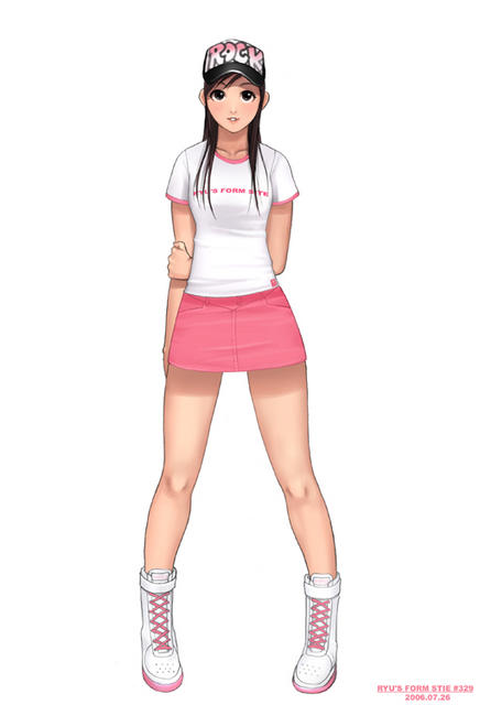 ryu (ryu's form site), original, 1girl, baseball cap, black eyes, black hair, boots, female focus, full body, hat, legs, lips, long hair, pencil skirt, pinup (style), shoes, simple background, skirt, solo