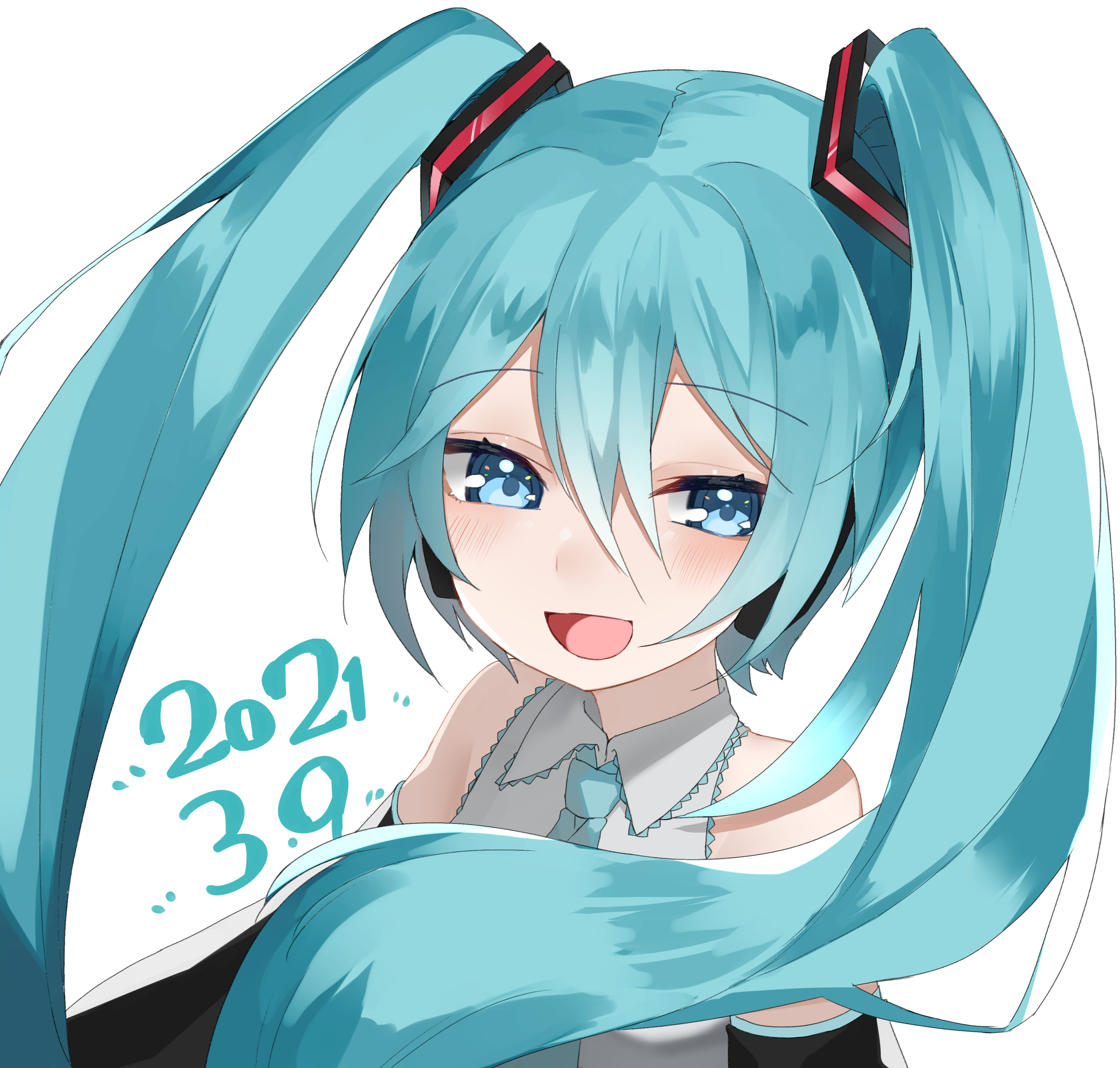 reirou (chokoonnpu), hatsune miku, vocaloid, absurdres, commentary request, highres, 1girl, blue eyes, blue necktie, dated, detached sleeves, grey shirt, hair between eyes, happy, long hair, looking at viewer, miku day, necktie, open mouth, shirt, simple background, solo, twintails, upper body, very long hair, white background