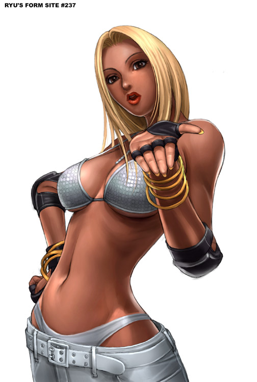 ryu (ryu's form site), aisha (rumble roses), rumble roses, 1girl, bikini, blonde hair, brown eyes, curvy, dark-skinned female, dark skin, female focus, gloves, long hair, solo, swimsuit