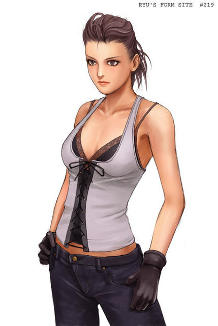 ryu (ryu's form site), 1girl, bra, brown eyes, brown hair, female focus, gloves, ponytail, simple background, solo, underwear, white background