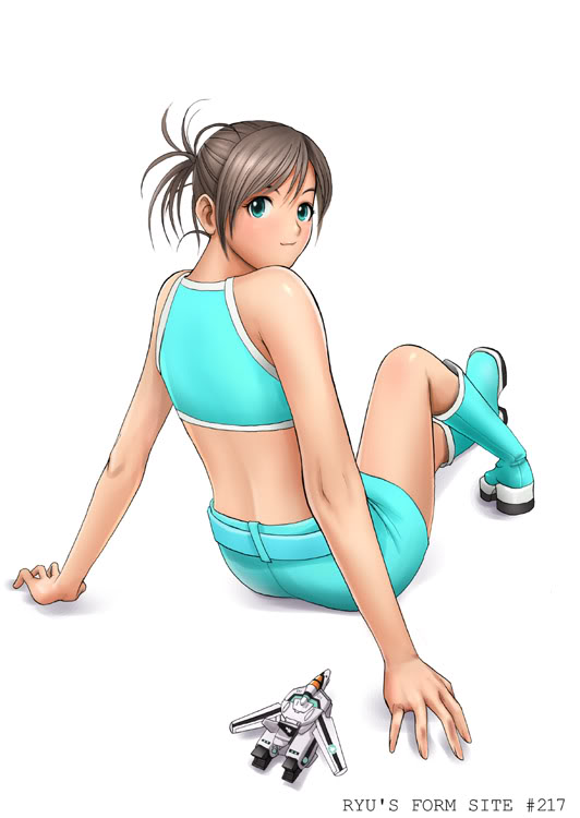 ryu (ryu's form site), jet, 1girl, aircraft, airplane, aqua boots, aqua tank top, arm support, ass, belt, blue belt, blue boots, blue eyes, blue shirt, blue skirt, boots, brown hair, female focus, from behind, looking at viewer, looking back, midriff, pencil skirt, pinup (style), ponytail, shirt, short hair, short shorts, shorts, sitting, skirt, smile, solo, tank top, toy, white background