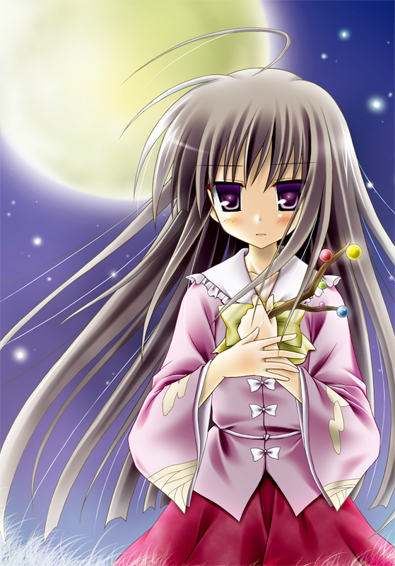 takise, houraisan kaguya, touhou, 1girl, ahoge, black hair, female focus, full moon, long hair, long sleeves, looking at viewer, moon, own hands together, purple eyes, solo, very long hair