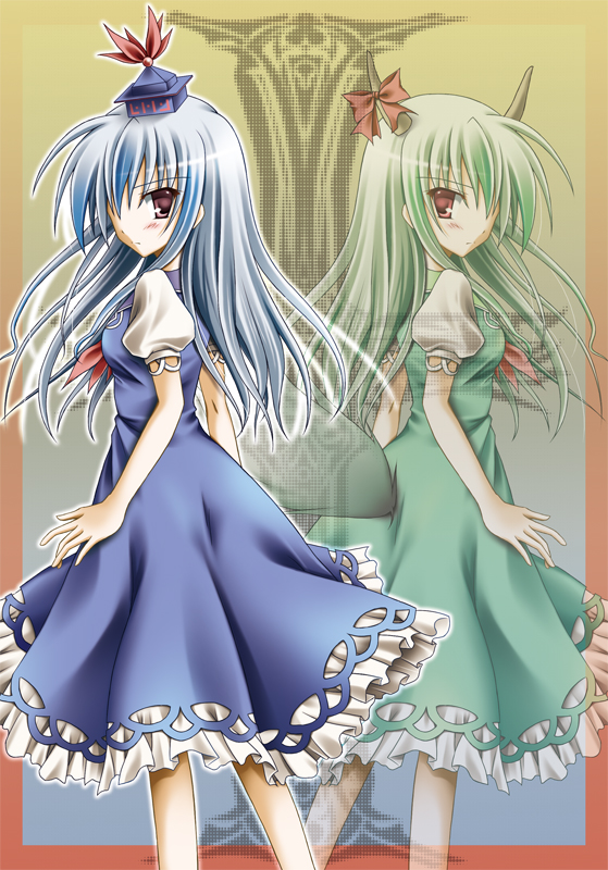 takise, ex-keine, kamishirasawa keine, touhou, 2girls, blue dress, blue hair, blush, dress, dual persona, female focus, from behind, full body, green dress, green hair, hat, horns, long hair, looking at viewer, looking back, multiple girls, puffy short sleeves, puffy sleeves, red eyes, short sleeves, standing, tate eboshi