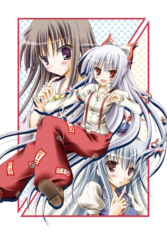 takise, fujiwara no mokou, houraisan kaguya, kamishirasawa keine, touhou, 3girls, angry, blush, bow, brown hair, female focus, floating hair, grey hair, hair bow, hair ribbon, index finger raised, long hair, long sleeves, looking at viewer, multiple girls, multiple hair bows, pants, puffy sleeves, red eyes, ribbon, shirt, short sleeves, suspenders, very long hair