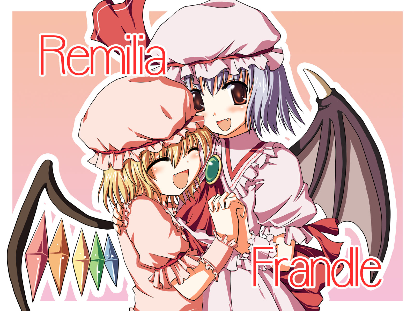 kinagi yuu, flandre scarlet, remilia scarlet, touhou, highres, 2girls, female focus, multiple girls, orange background, siblings, sisters