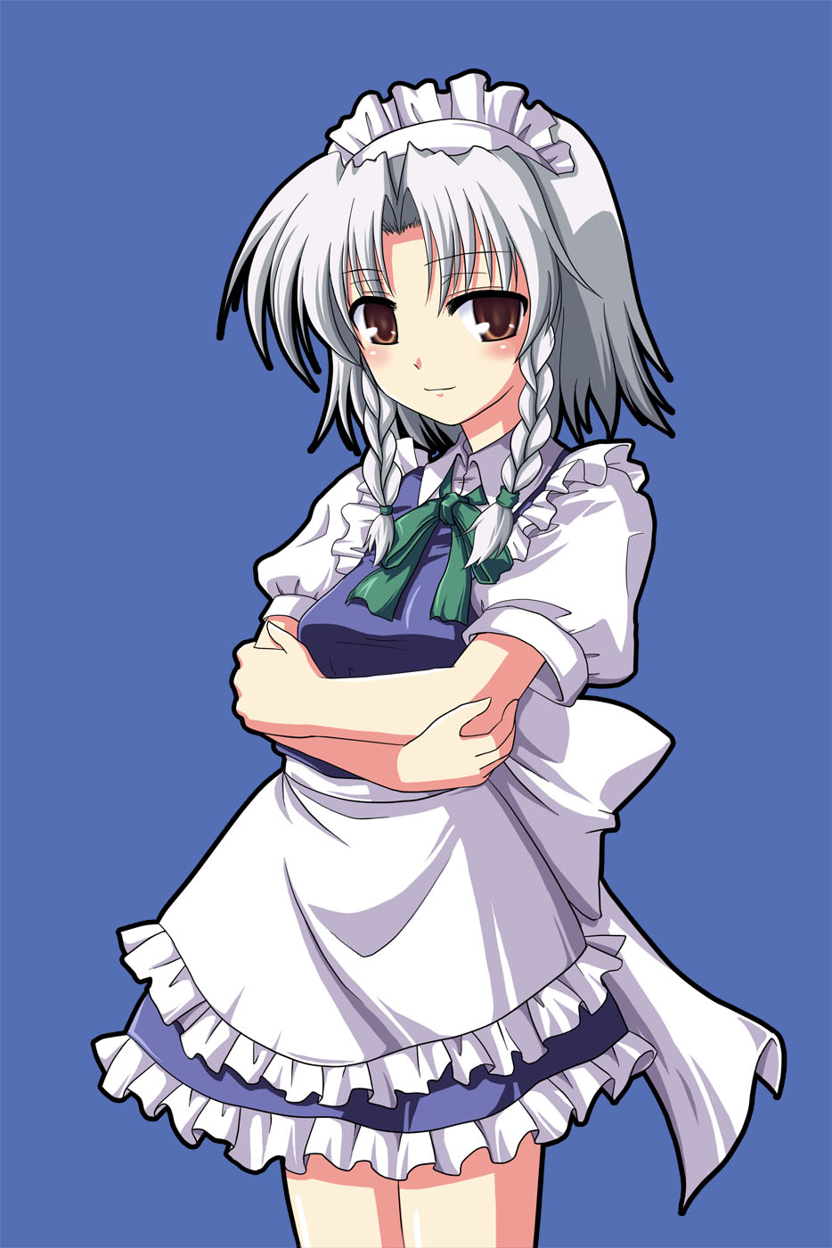 kinagi yuu, izayoi sakuya, touhou, silver hair, highres, 1girl, blue background, braid, brown eyes, female focus, maid, simple background, solo, twin braids