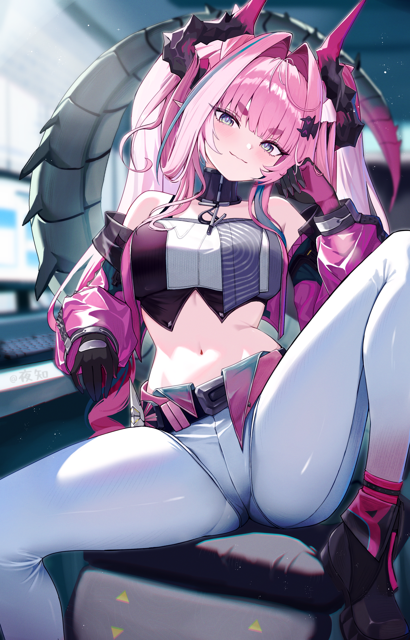 night known, yvonne (arknights), arknights, arknights: endfield, commentary request, highres, 1girl, black horns, breasts, desk, dragon horn, dragon tail, gloves, grey eyes, hair intakes, hair on horn, horns, knee up, large breasts, long hair, looking at viewer, midriff, multicolored horns, navel, on desk, pants, pink gloves, pink hair, pink horns, pink sleeves, sitting, solo, spread legs, stomach, tail, twintails, two-tone gloves, two-tone horns, white pants
