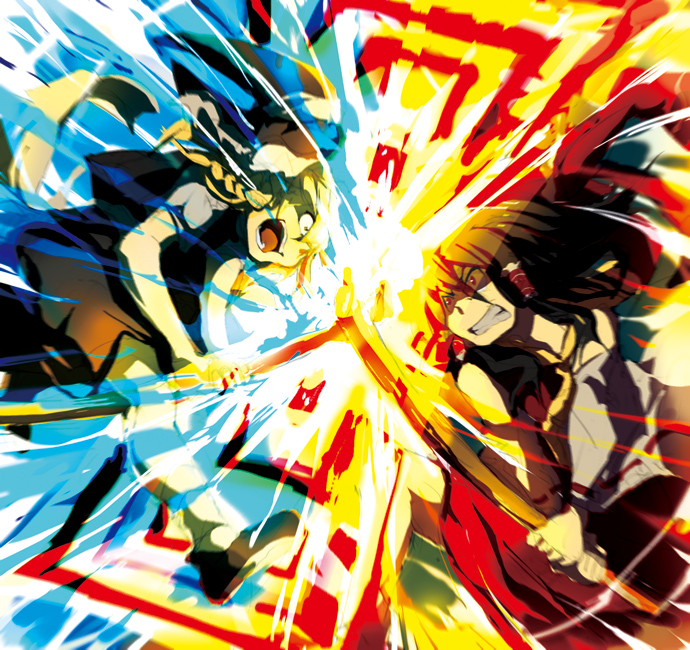 toriko (hatoriko), hakurei reimu, kirisame marisa, touhou, 2girls, :d, angry, battle, blonde hair, bow, brown hair, clenched teeth, electricity, female focus, fire, from side, gohei, hair bow, hat, multiple girls, open mouth, profile, smile, teeth, witch hat