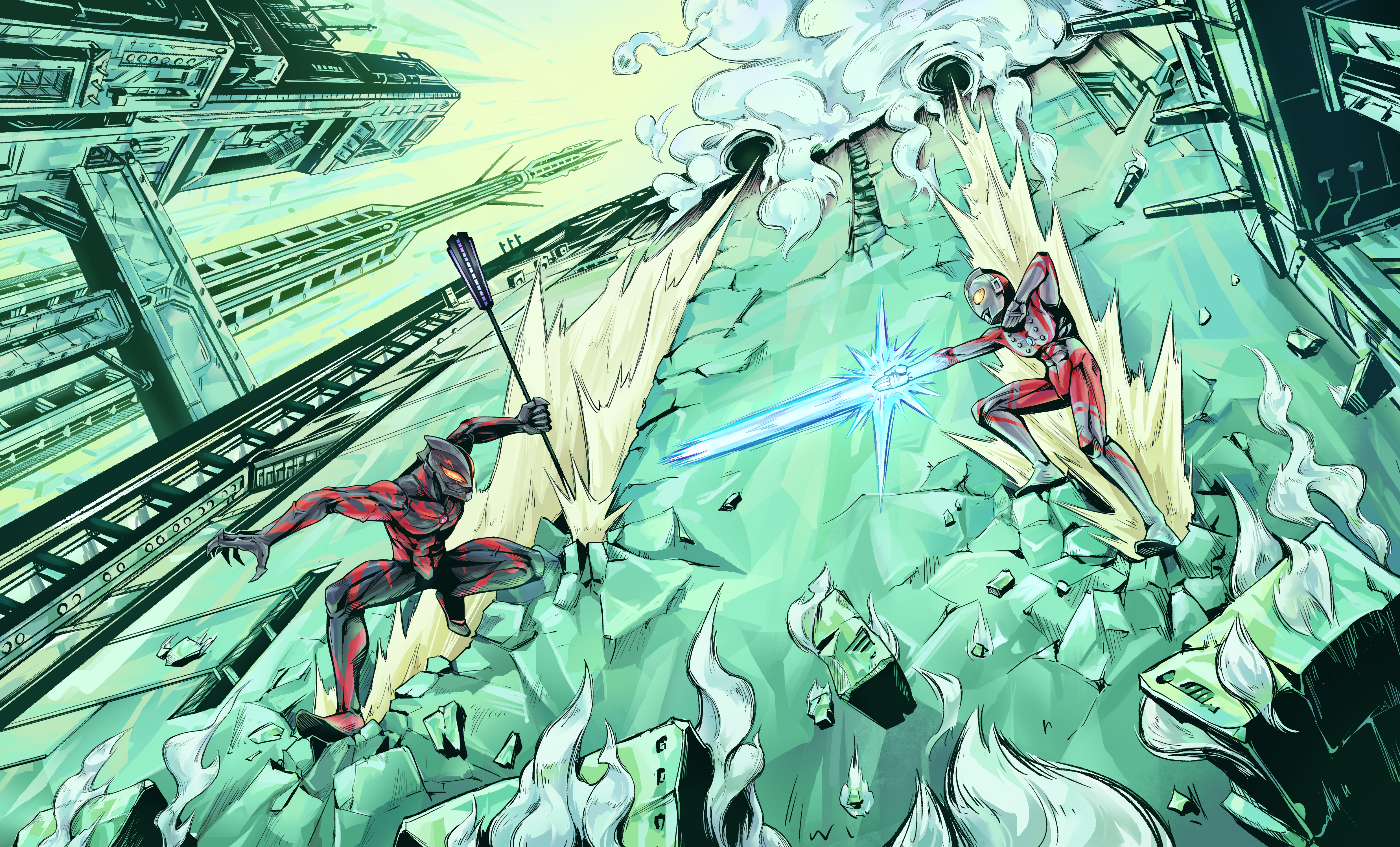 chopchopguy, ultraman belial, zoffy (ultra series), dai-kaijuu battle ultra ginga densetsu the movie, tokusatsu, ultra galaxy (series), ultra series, absurdres, commentary request, highres, 2boys, alien, battle, black skin, color timer, colored skin, energy beam, giant, giga battlenizer, holding, holding weapon, land of light, multicolored skin, multiple boys, orange eyes, red skin, silver skin, ultra beam, weapon, yellow eyes