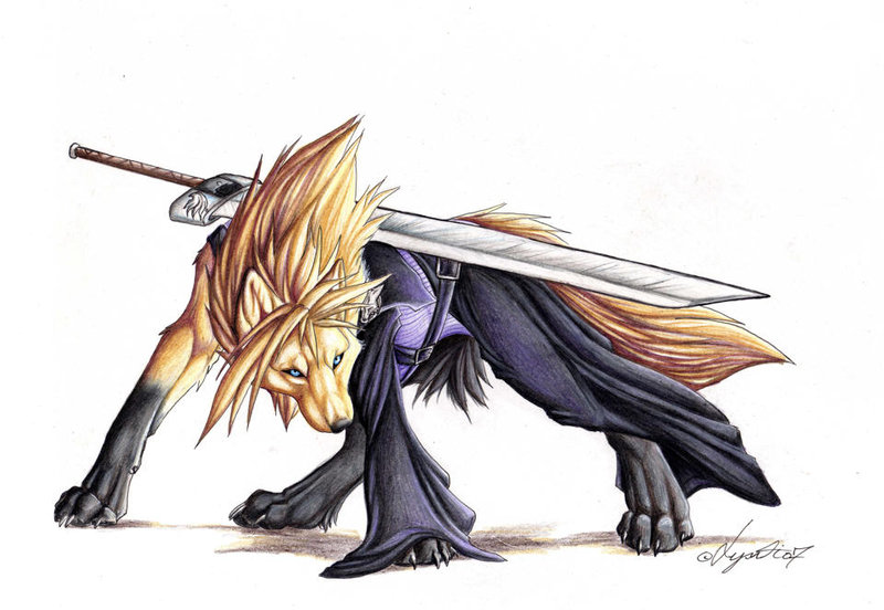 lyanti, cloud strife, final fantasy, final fantasy vii, aqua eyes, buster sword, cosplay, solo, sword, weapon, wolf