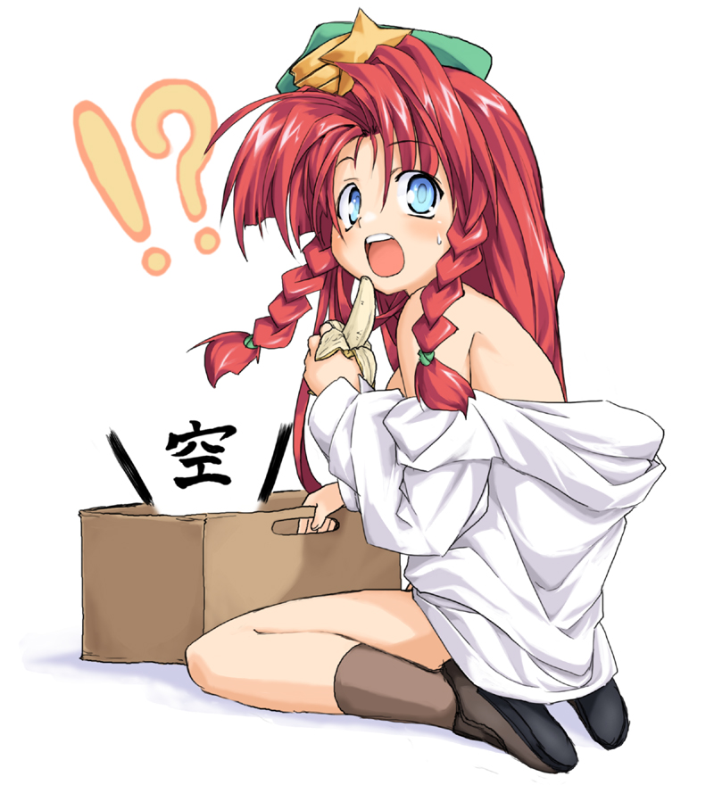 take shinobu, takesinobu, hong meiling, embodiment of scarlet devil, touhou, bad id, bad pixiv id, translated, !?, 1girl, banana, blue eyes, braid, female focus, food, fruit, open mouth, red hair, simple background, solo, twin braids