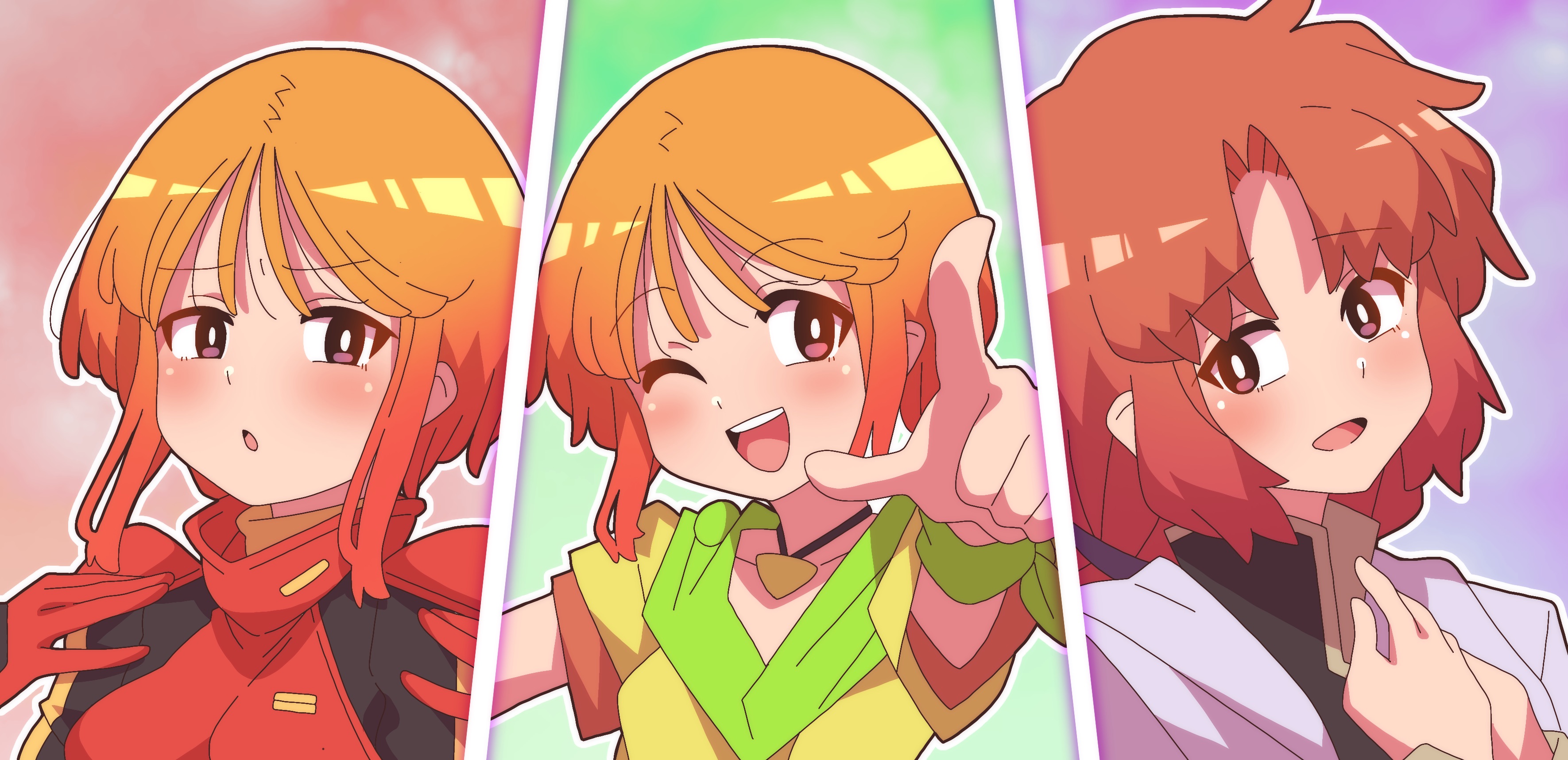 onimaru (onimal7802), elpeo puru, marida cruz, puru two, gundam, gundam zz, absurdres, commentary request, highres, 3girls, column lineup, gloves, green background, hand on own chest, jewelry, light blush, long hair, looking at viewer, mecha pilot suit, military uniform, multiple girls, neo zeon, normal suit (gundam), one eye closed, orange hair, pendant, pointing, pointing at viewer, purple background, red background, red gloves, red hair, science fiction, short hair, smile, standing, upper body