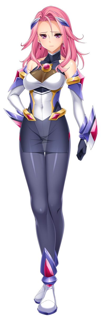 kamitsurugi ouka, itakano ichika, kouyoku senki exs-tia concert, game cg, highres, large variant set, non-web source, official art, variant set, 1girl, bare shoulders, black gloves, black pantyhose, black skirt, bodysuit, breasts, cleavage, closed mouth, collarbone, covered navel, detached sleeves, earrings, elbow gloves, exs-tia mass products, full body, gloves, hair ornament, hand on own hip, jewelry, large breasts, long hair, long sleeves, looking at viewer, magical girl, miniskirt, pantyhose, pencil skirt, pink eyes, pink hair, purple eyes, see-through clothes, shiny clothes, skin tight, skirt, solo, standing, thigh gap, transparent background