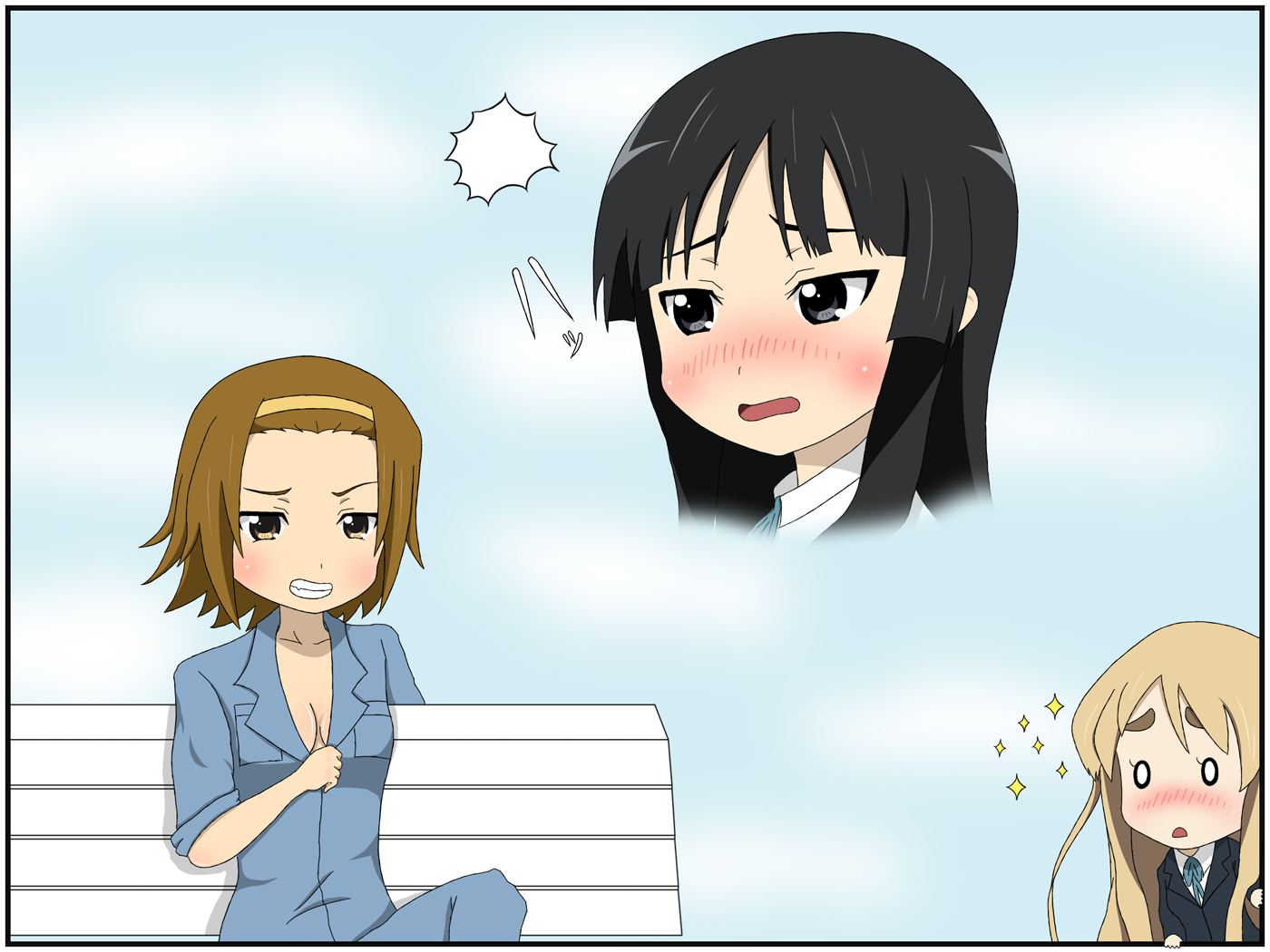 kurokoshou (spicyland), akiyama mio, kotobuki tsumugi, tainaka ritsu, k-on!, kuso miso technique, 3girls, black hair, brown hair, hairband, multiple girls, parody, school uniform, unbuttoned, yaranaika, yuri