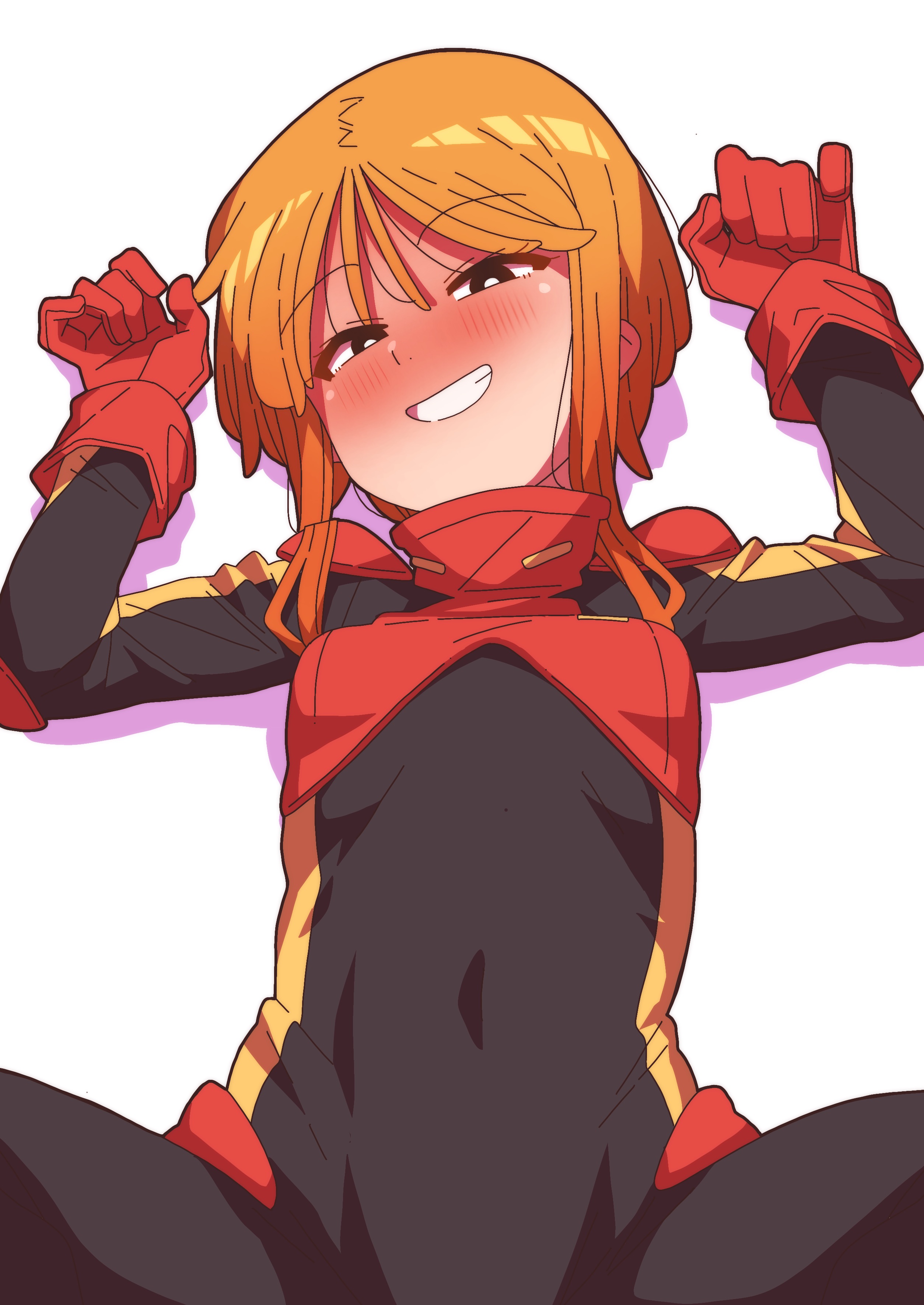 onimaru (onimal7802), puru two, gundam, gundam zz, absurdres, commentary request, highres, 1girl, blush, breasts, covered navel, gloves, hands up, looking at viewer, lying, mecha pilot suit, military uniform, neo zeon, normal suit (gundam), on back, orange hair, red gloves, science fiction, short hair, small breasts, smile, solo, spread legs, upper body, white background