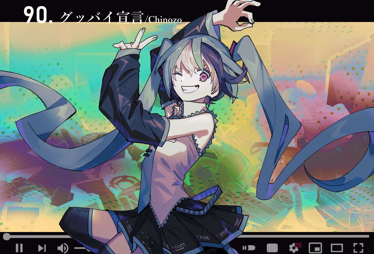 soyaka, hatsune miku, goodbye sengen (vocaloid), vocaloid, commentary request, 1girl, aqua hair, aqua necktie, black thighhighs, grin, midair, miniskirt, multicolored hair, necktie, ok sign, one eye closed, pink eyes, pleated skirt, shirt, skirt, sleeveless, sleeveless shirt, sleeves past wrists, smile, solo, thighhighs, twintails, two-tone hair, user interface, v, white hair, zettai ryouiki