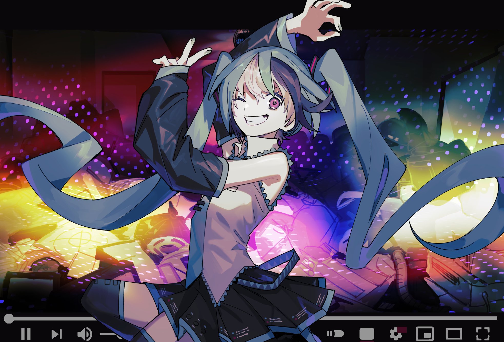 soyaka, hatsune miku, goodbye sengen (vocaloid), vocaloid, commentary request, highres, 1girl, aqua hair, aqua necktie, black thighhighs, grin, midair, miniskirt, multicolored hair, necktie, ok sign, one eye closed, pink eyes, pleated skirt, shirt, skirt, sleeveless, sleeveless shirt, sleeves past wrists, smile, solo, thighhighs, twintails, two-tone hair, user interface, v, white hair, zettai ryouiki