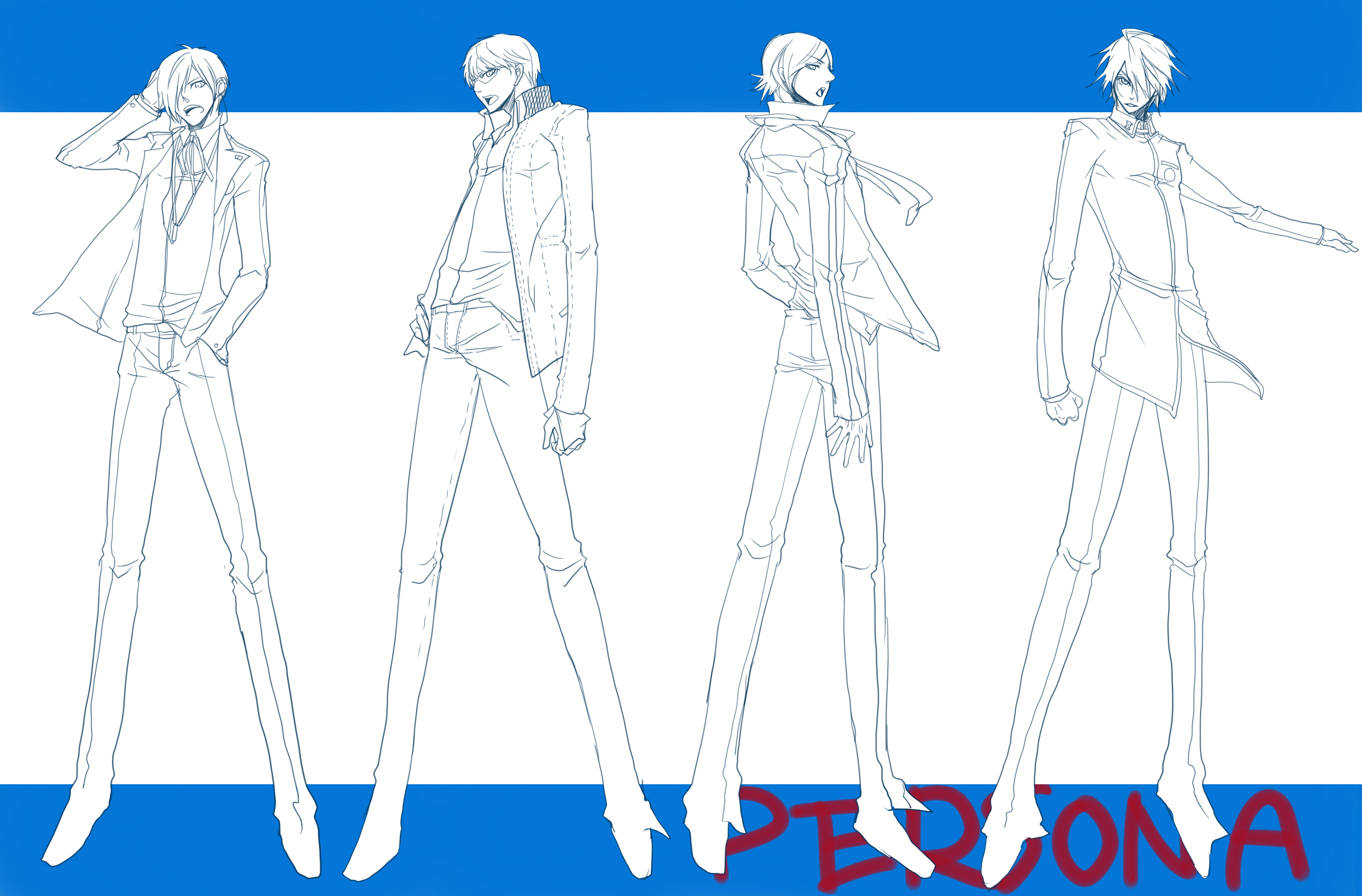 hoshita, narukami yu, suou tatsuya, toudou naoya, yuuki makoto (persona 3), atlus, persona, persona 1, persona 2, persona 2 tsumi, persona 3, persona 4, highres, 4boys, blue theme, crossover, male focus, monochrome, multiple boys, school uniform, short hair