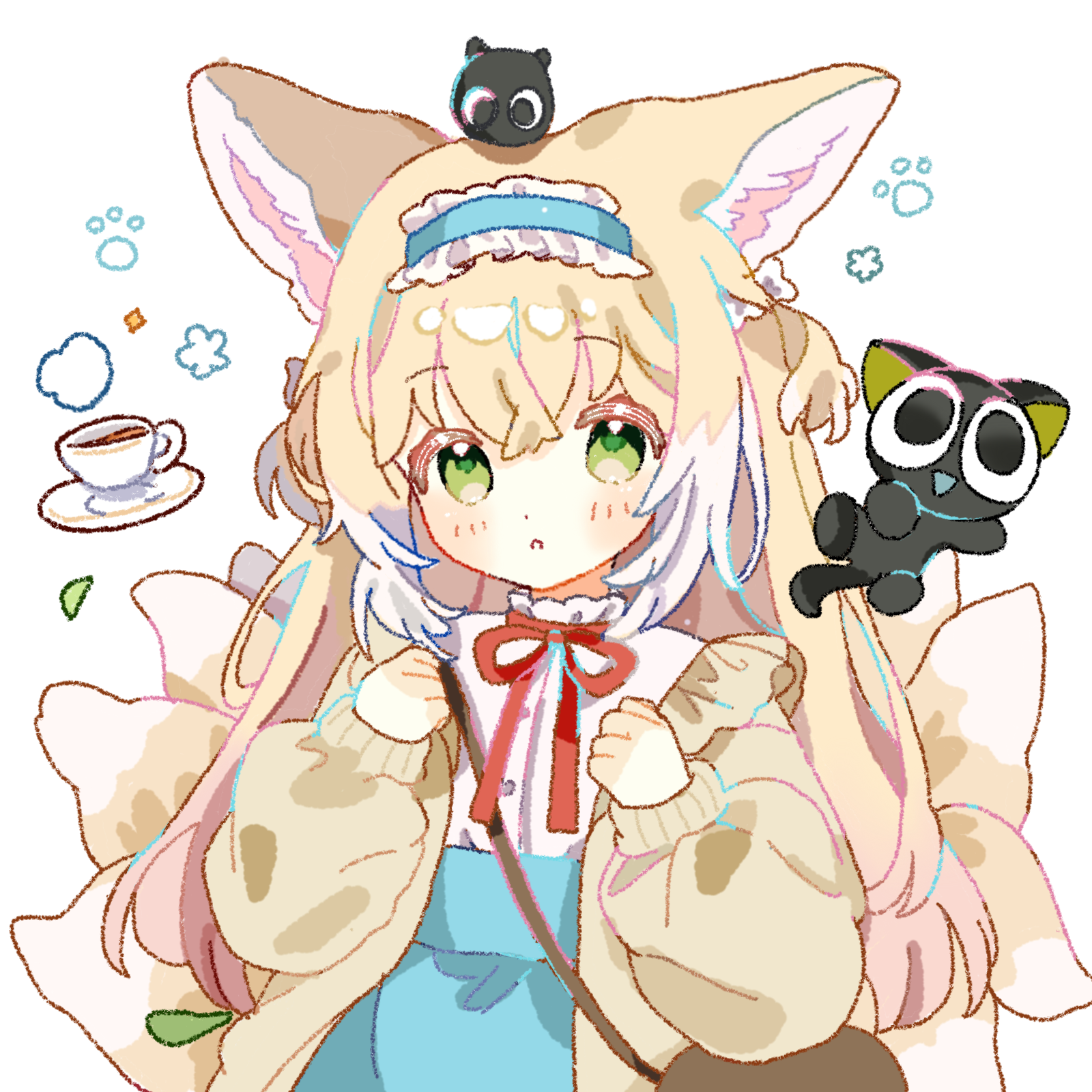 luo xiaohei, luo xiaohei (cat), suzuran (arknights), suzuran (spring praise) (arknights), arknights, luo xiaohei zhanji, chinese commentary, commentary request, highres, 1girl, animal ears, bag, black cat, blonde hair, blue hairband, blue skirt, cardigan, cat, dianzi mianmianzhao, fox ears, fox girl, fox tail, frilled hairband, frills, green eyes, hairband, long hair, long sleeves, multicolored hair, neck ribbon, official alternate costume, red ribbon, ribbon, shirt, shoulder bag, skirt, tail, white shirt, yellow cardigan