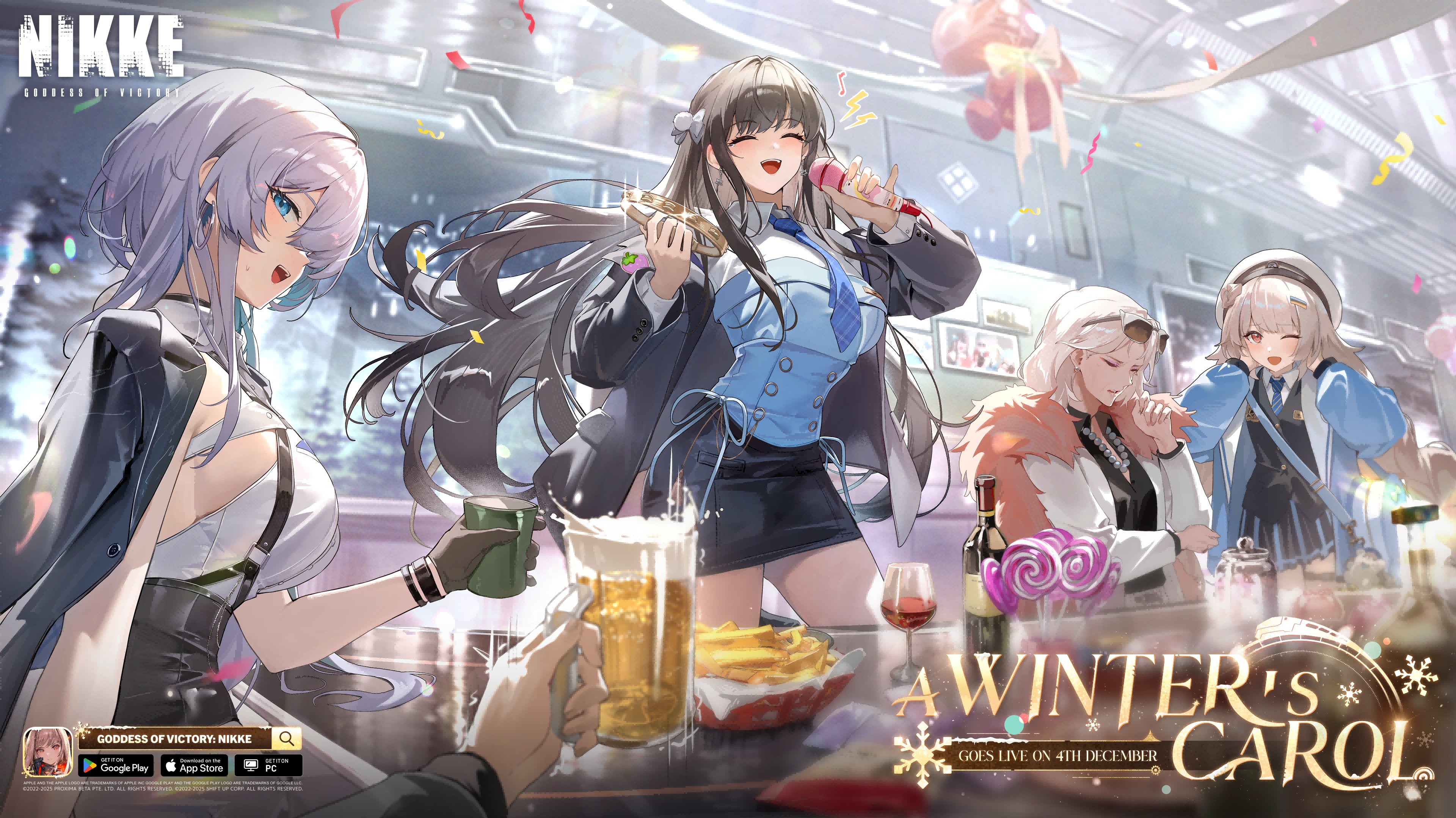 brid (nikke), brid (silent track) (nikke), commander (nikke), diesel (nikke), soline (frost ticket) (nikke), soline (nikke), goddess of victory: nikke, absurdres, commentary, english commentary, highres, 1boy, 4girls, bent over, black coat, black hair, black skirt, blue shirt, brown eyes, closed eyes, coat, diesel (winter sweets) (nikke), eyewear on head, grey hair, hat, long hair, long sleeves, looking at viewer, multiple girls, music, nora (nikke), old, open mouth, scarf, shirt, singing, sitting, skirt, smile, standing, sunglasses, white shirt
