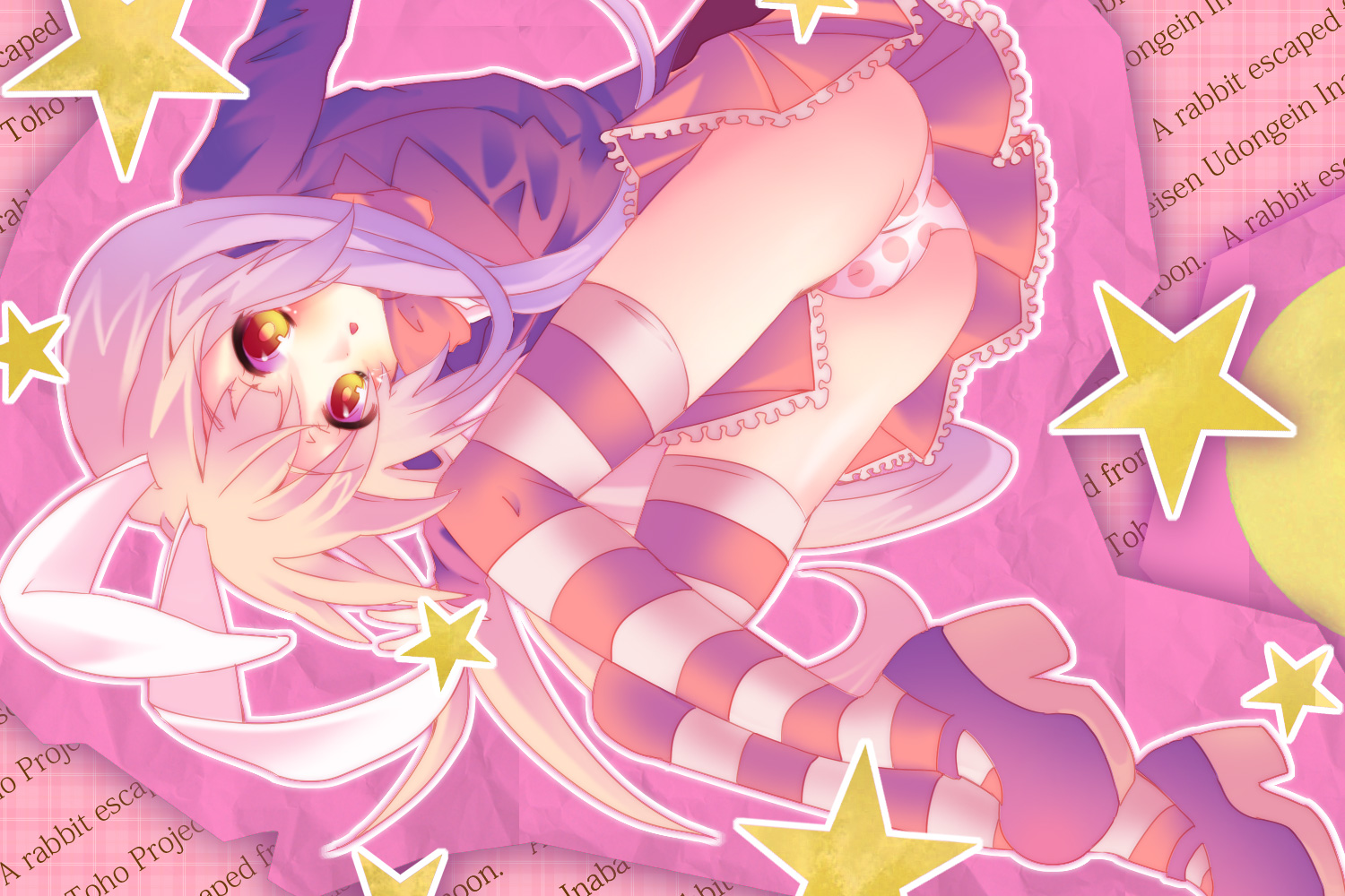 ivory chocolate, reisen udongein inaba, touhou, bad id, bad pixiv id, 1girl, animal ears, ass, female focus, long hair, panties, purple hair, rabbit ears, red eyes, skirt, solo, star (symbol), striped clothes, striped thighhighs, thighhighs, underwear