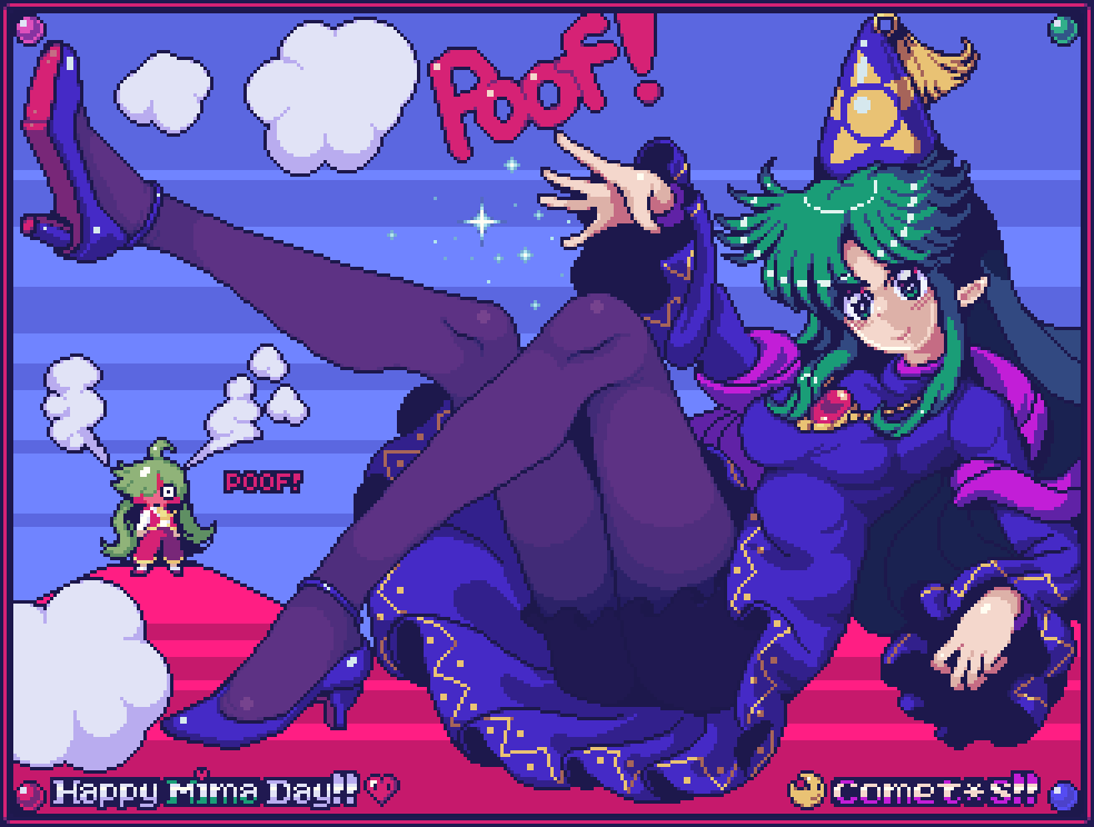 comet summoner98, kazami yuuka, kazami yuuka (pc-98), mima (touhou), touhou, touhou (pc-98), commentary, english commentary, 2girls, ascot, black pantyhose, blue capelet, blue hat, bow, bowtie, capelet, green hair, hat, high heels, long hair, long sleeves, multiple girls, open clothes, open vest, pants, pantyhose, red pants, red vest, smile, sun print, sun symbol, vest, witch hat, wizard hat, yellow ascot, yellow bow, yellow bowtie