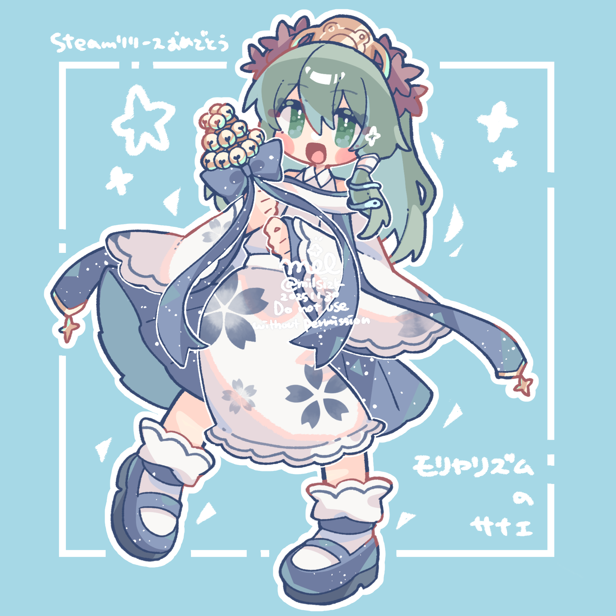 milsizk, kochiya sanae, touhou, commentary request, highres, 1girl, :d, adapted costume, bare shoulders, bell, black shoes, blue background, blue bow, blue ribbon, blue skirt, blush, blush stickers, border, bow, collared shirt, deformed, detached sleeves, double-parted bangs, dress, floral print, frilled dress, frilled sleeves, frilled socks, frills, frog hair ornament, full body, gohei, gold tiara, green eyes, green hair, hair ornament, hair tubes, holding, holding gohei, jingle bell, leaf hair ornament, long hair, long sleeves, looking at viewer, mary janes, open mouth, patterned clothing, ribbon, shirt, shoes, signature, simple background, single hair tube, single sidelock, skirt, sleeveless, sleeveless shirt, smile, snake hair ornament, socks, solo, sparkle, star (symbol), twitter username, white dress, white sleeves, white socks, wide sleeves, wing collar