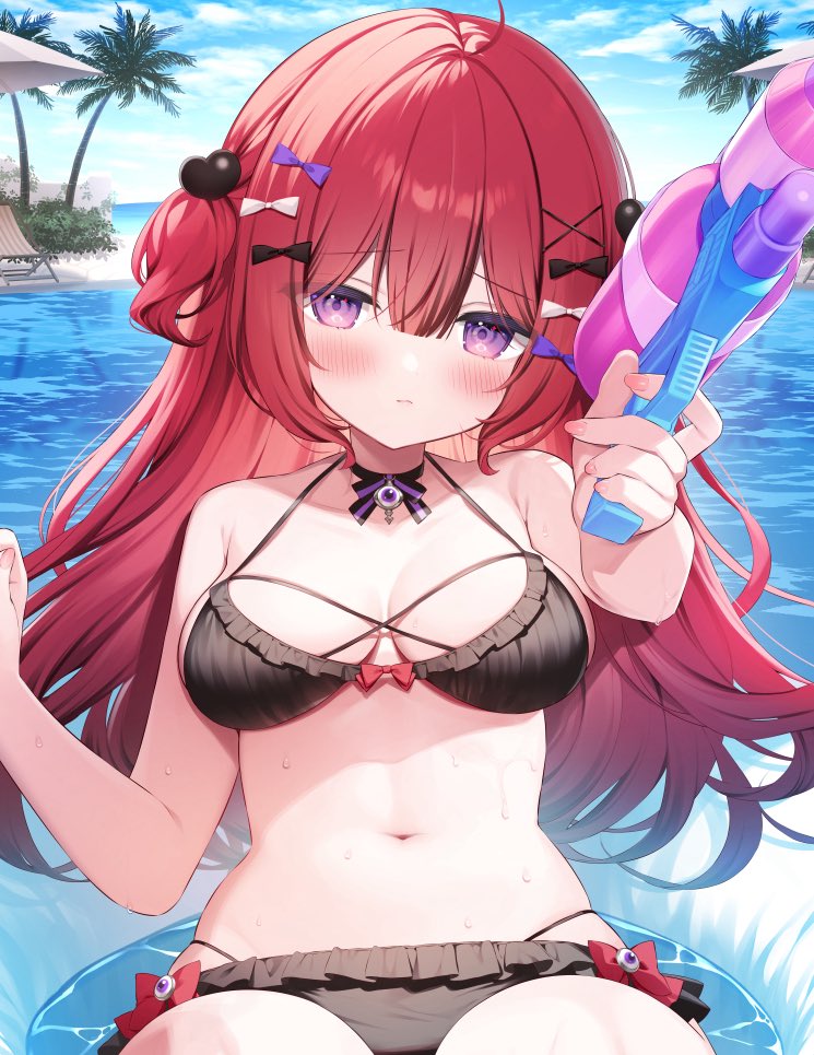 hisagi (puchimaple), super soaker, vee (vtuber), commentary request, 1girl, ahoge, bikini, black bikini, black bow, black choker, blue bow, blush, bow, bow bikini, bowtie, breasts, choker, closed mouth, day, frilled bikini, frills, hair bow, hair ornament, hand up, heart, heart hair ornament, holding, holding water gun, large breasts, long hair, looking at viewer, mememori an, multi-strapped bikini bottom, navel, on innertube, one side up, outdoors, palm tree, purple eyes, red hair, solo, stomach, string bikini, striped bow, striped bowtie, striped clothes, swimsuit, tree, virtual youtuber, water, water drop, water gun, wet, white bow