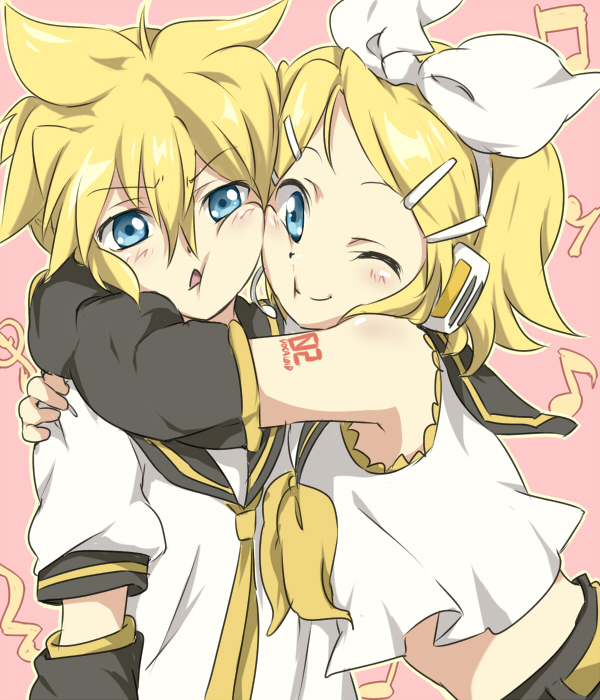 maruki (punchiki), kagamine len, kagamine rin, vocaloid, bad id, bad pixiv id, 1boy, 1girl, blonde hair, blue eyes, brother and sister, hetero, hug, one eye closed, short hair, siblings, twins, wink