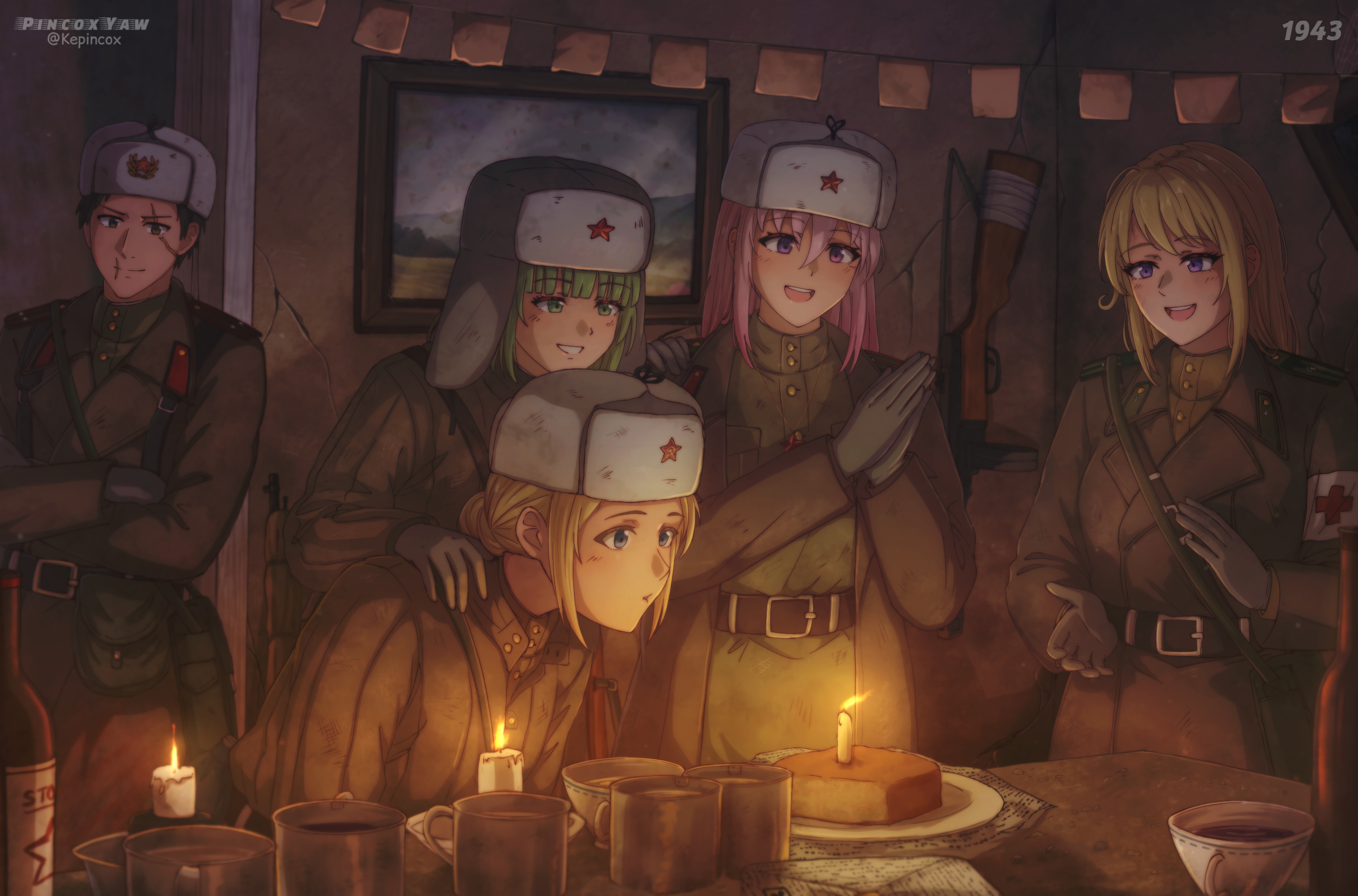 kepincox, original, absurdres, commentary, english commentary, highres, 1boy, 4girls, belt, birthday, birthday cake, black hair, blonde hair, blowing, blowing candle, blue eyes, bolt action, bottle, brown belt, brown coat, cake, candle, candlelight, clapping, closed mouth, coat, collar tabs, cross, crossed arms, cup, food, gloves, green collar tabs, green eyes, green hair, green jacket, grey gloves, gun, hair between eyes, hand on another's shoulder, hat, indoors, jacket, long sleeves, military, military jacket, military uniform, mosin-nagant, multiple girls, open clothes, open coat, open mouth, picture frame, pink eyes, pink hair, plate, ppsh-41, purple eyes, red collar tabs, red cross, red cross armband, red star, rifle, scar, scar on face, shoulder boards, sidelocks, smile, soviet army, star (symbol), submachine gun, ushanka, weapon, white hat, world war ii
