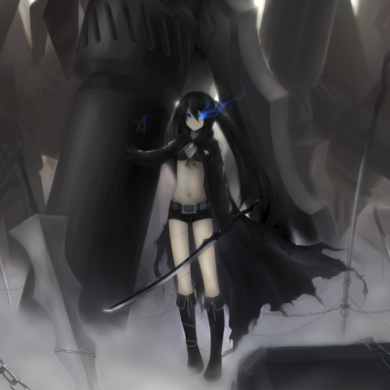 siv (kuroino), black rock shooter (character), black rock shooter, bad id, bad pixiv id, highres, 10s, belt, bikini, bikini top only, black hair, blue eyes, boots, chain, coat, glowing, glowing eyes, jacket, long hair, midriff, navel, pale skin, scar, shorts, swimsuit, sword, twintails, very long hair, weapon
