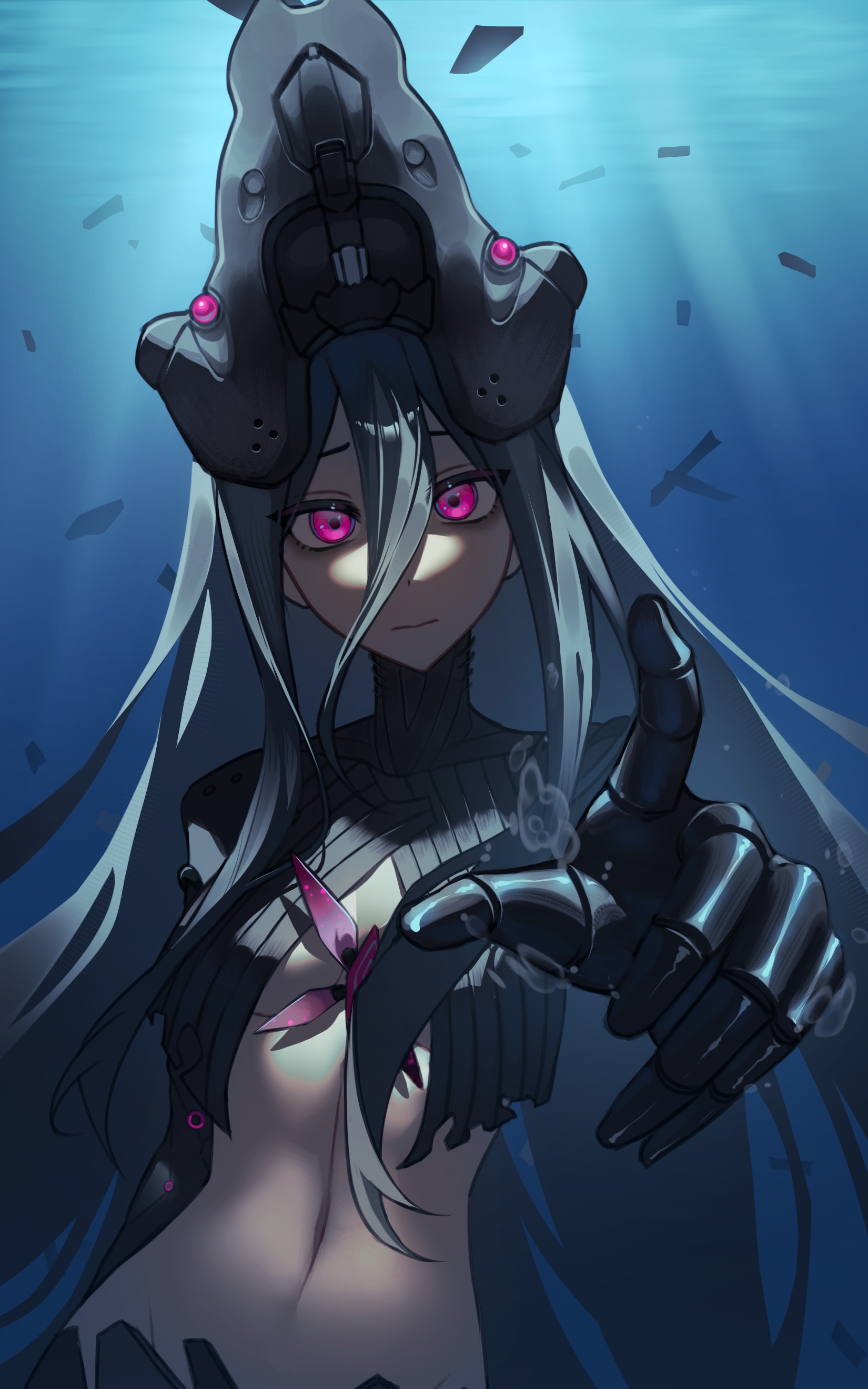 c0ffeenn, lamia (npc) (pgr), lamia (pgr), punishing: gray raven, absurdres, commentary, highres, 1girl, air bubble, android, bags under eyes, black hair, breast curtains, breasts, bubble, closed mouth, cowboy shot, groin, hair between eyes, headgear, long bangs, long hair, looking at viewer, mechanical arms, mechanical hands, mechanical tail, medium breasts, mermaid, midriff, monster girl, navel, purple eyes, reaching, reaching towards viewer, sidelocks, solo, tail, underboob, underwater, very long hair