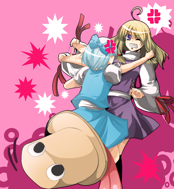 lion nicole, nicole (lion), cirno, moriya suwako, pyonta, touhou, bad id, bad pixiv id, 2girls, ahoge, anger vein, asshat, black socks, bow, fighting, grabbing another's hair, hair bow, hat, holding another's hair, kneehighs, multiple girls, one eye closed, pink background, rivalry, socks, spoken anger vein, tongue, wince