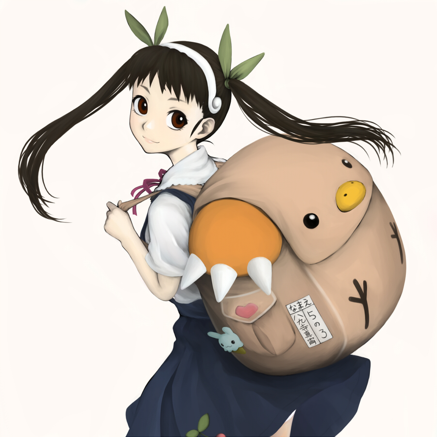 siv (kuroino), hachikuji mayoi, bakemonogatari, monogatari (series), bad id, bad pixiv id, 00s, backpack, bag, black hair, brown eyes, hair ribbon, hairband, long hair, rabbit, randoseru, ribbon, school uniform, skirt, solo, suspender skirt, suspenders, twintails