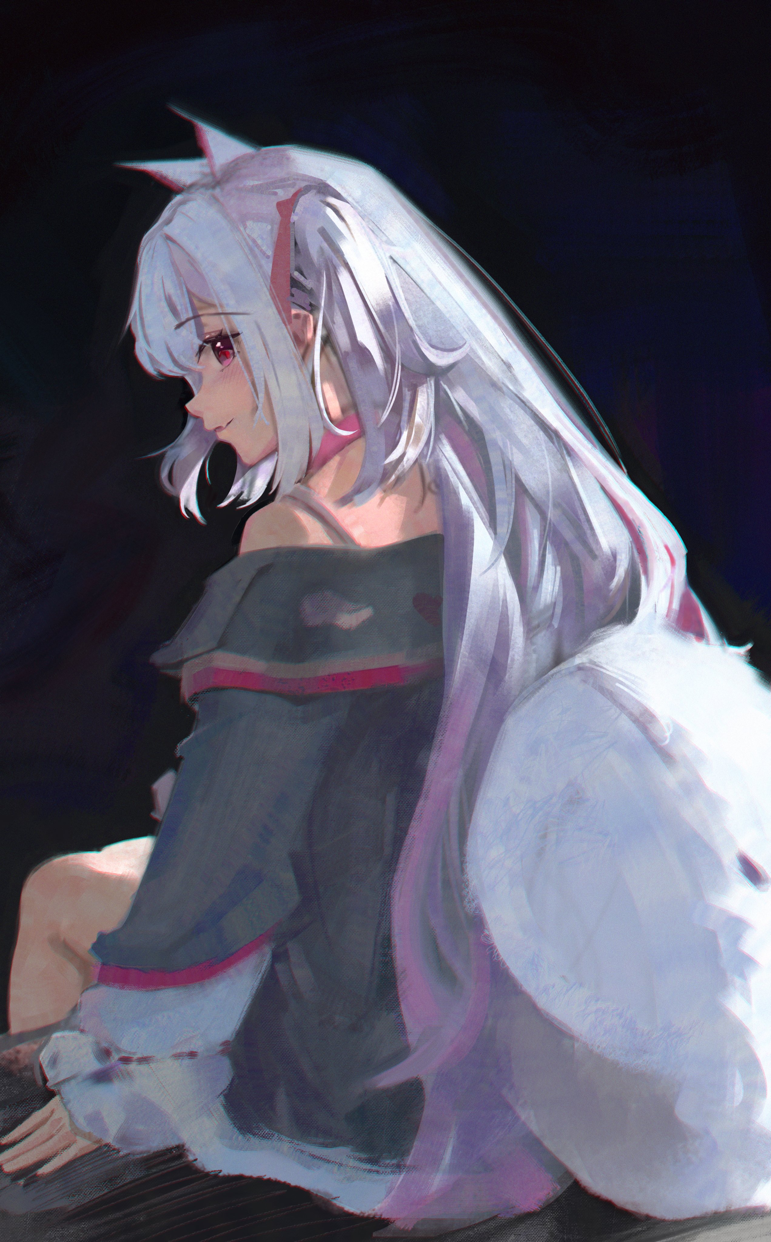 bobicess, gram pico, phase connect, absurdres, hashtag-only commentary, highres, 1girl, animal collar, animal ears, collar, dark background, dog ears, dog girl, dog tail, fang, frilled sleeves, frills, from behind, grey jacket, hair ribbon, jacket, long hair, looking at viewer, looking back, off shoulder, pink collar, pink eyes, pink ribbon, ribbon, sitting, solo, spaghetti strap, tail, two side up, white hair