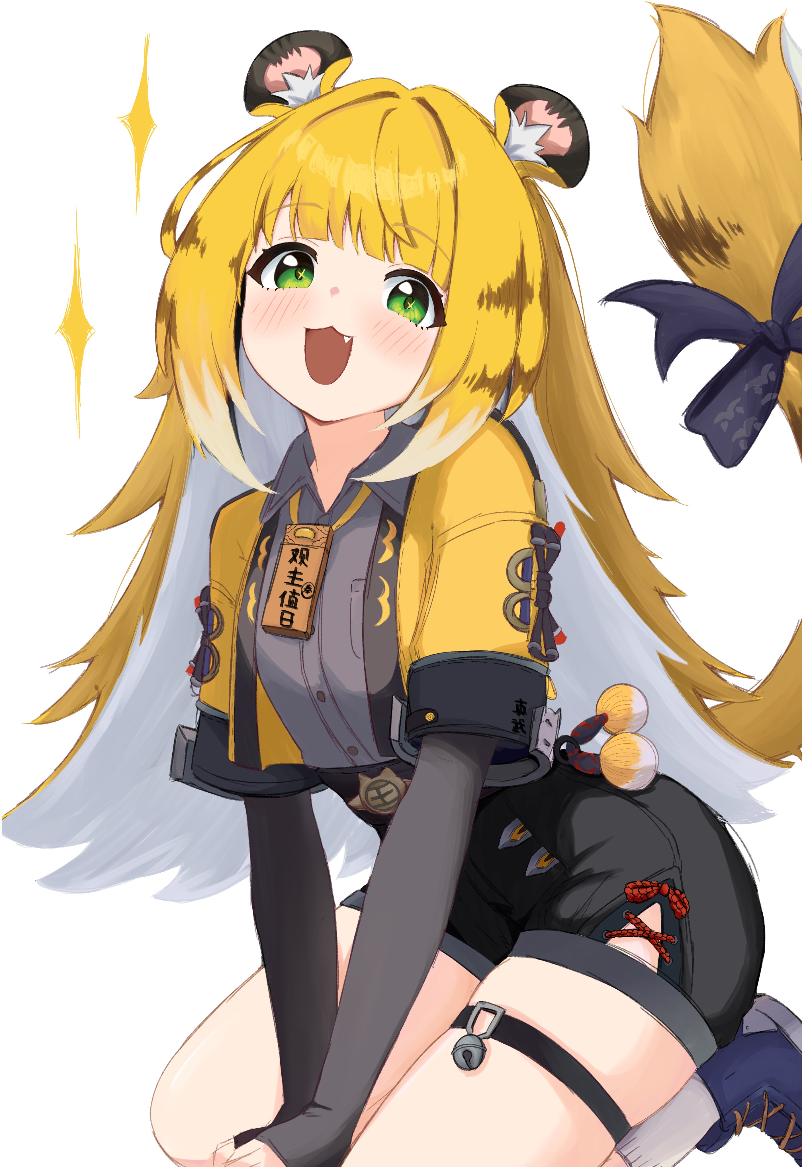 noiriririri, ju fufu, zenless zone zero, absurdres, highres, 1girl, animal ear fluff, animal ears, blonde hair, blue shoes, blush, bow, colored inner hair, fang, green eyes, grey shirt, high-waist shorts, jacket, long hair, looking at viewer, medallion, multicolored hair, open mouth, orange fur, seiza, shirt, shoes, shorts, simple background, sitting, socks, solo, sparkle, sparkling eyes, striped fur, striped hair, tail, tail bow, tail ornament, thigh strap, tiger ears, tiger girl, tiger stripes, tiger tail, white background, white socks, yellow jacket