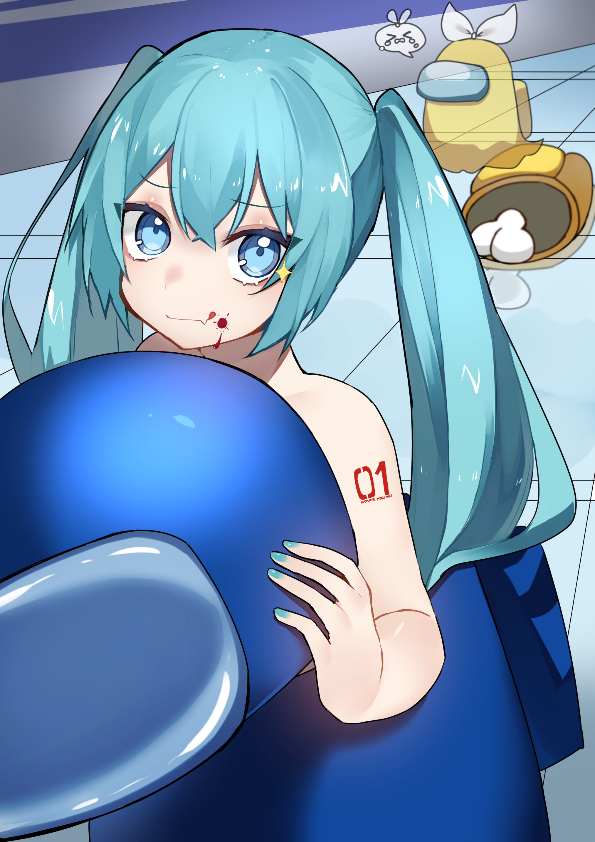 reirou (chokoonnpu), crewmate (among us), hatsune miku, kagamine rin, among us, vocaloid, absurdres, commentary request, highres, 1girl, blood, blood on face, blue eyes, blue hair, bone, bow, costume, eyelashes, giving up the ghost, implied nudity, long hair, looking at viewer, shoulder tattoo, sparkle, tattoo, tile floor, tiles, twintails, very long hair, white bow
