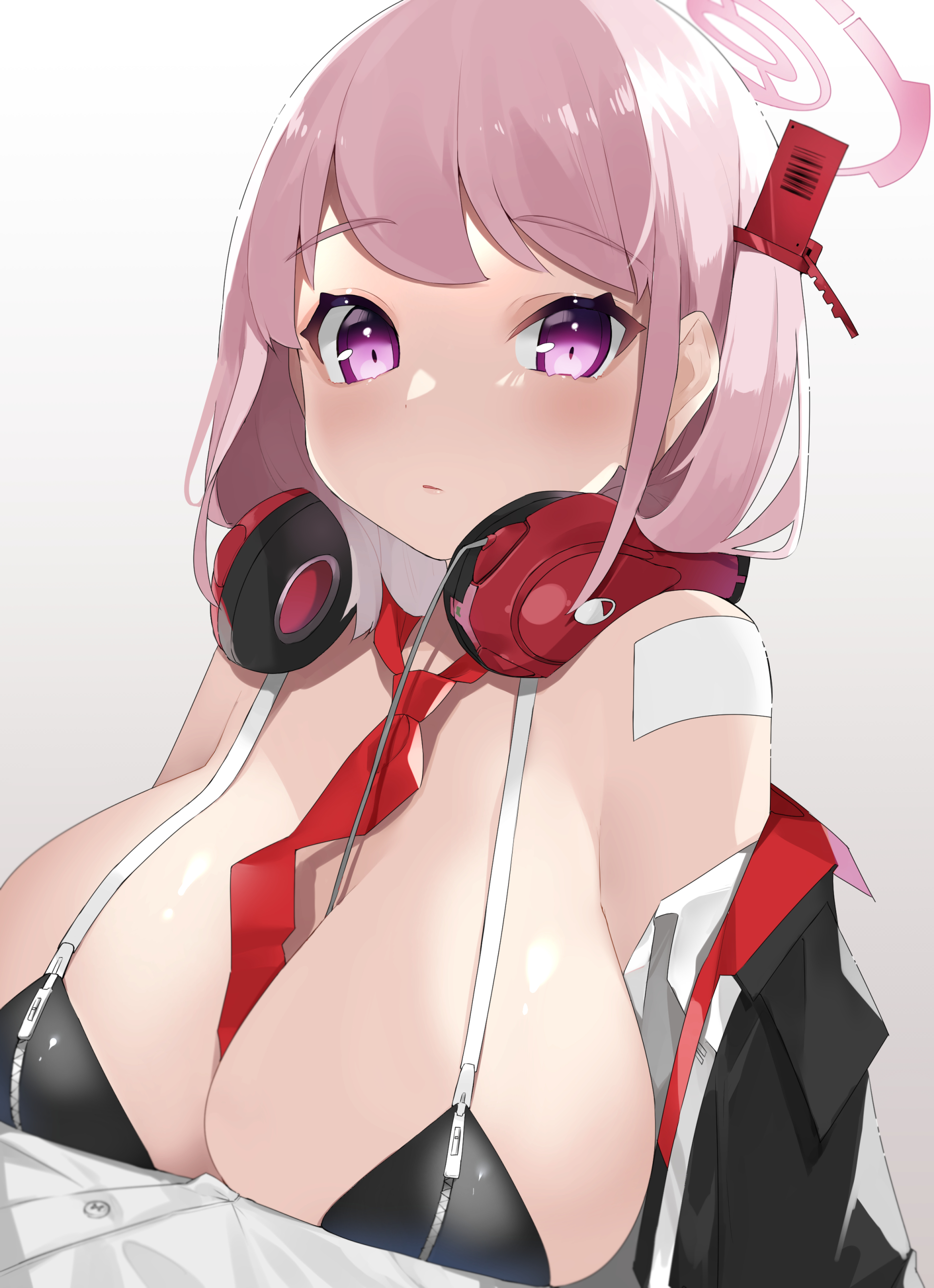 reirou (chokoonnpu), eimi (blue archive), blue archive, absurdres, commentary request, highres, 1girl, black jacket, breasts, closed mouth, grey background, halo, headphones, headphones around neck, jacket, large breasts, looking at viewer, necktie, pink eyes, pink hair, red necktie, short hair, solo, zipper