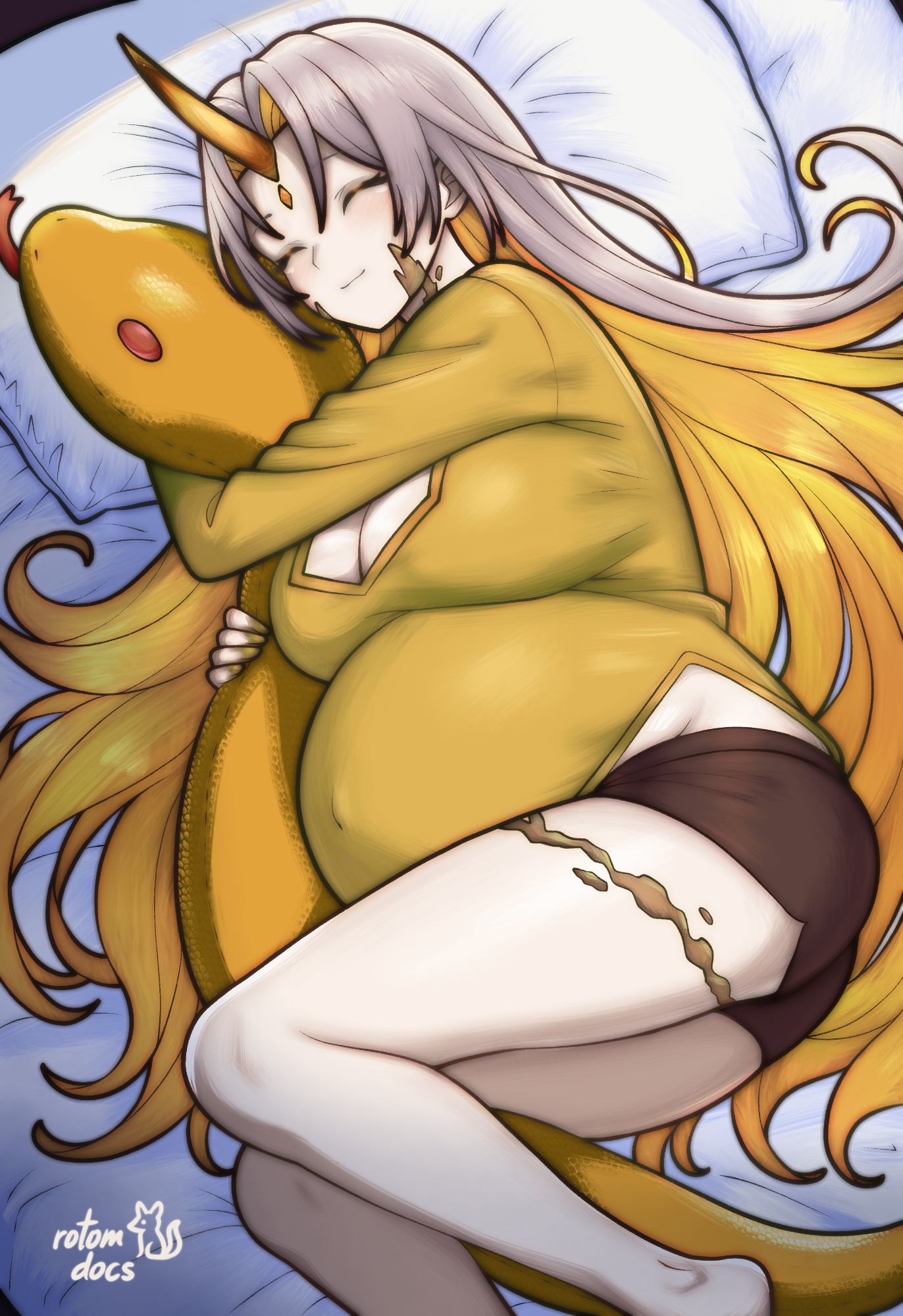 rotomdocs, gullveig (fire emblem), fire emblem, fire emblem heroes, nintendo, commentary, english commentary, highres, 1girl, artist name, ass, bare legs, bed, breasts, cleavage, cleavage cutout, clothing cutout, gradient hair, grey hair, horns, large breasts, multicolored hair, on bed, pillow, pregnant, single horn, sleeping, smile, snake, solo, stuffed animal, stuffed toy