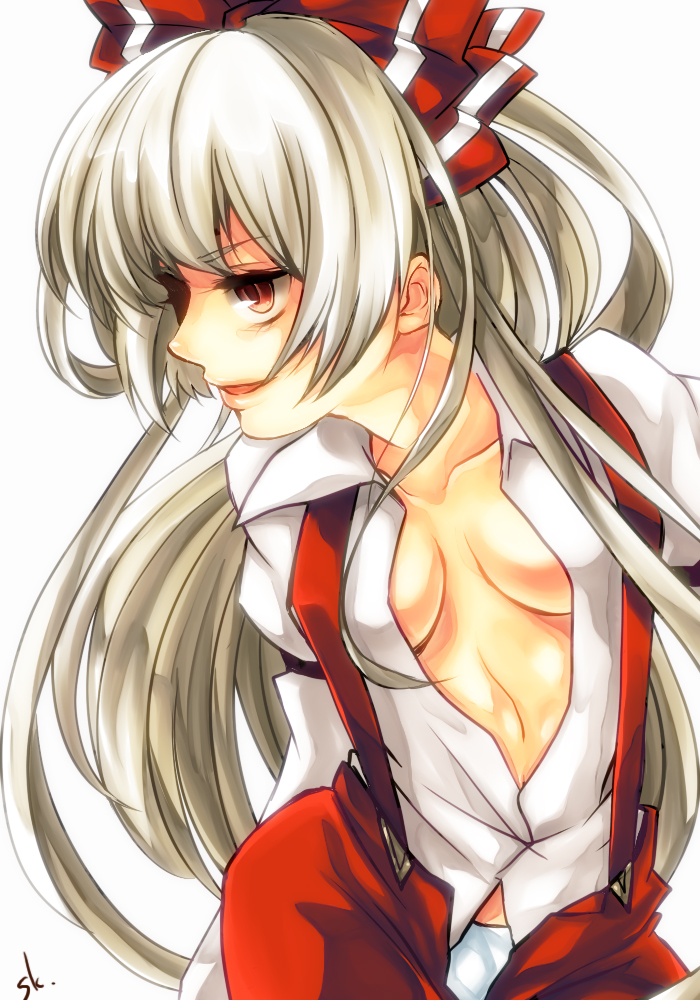 sukemyon, fujiwara no mokou, touhou, silver hair, bad id, bad pixiv id, 1girl, breasts, cleavage, female focus, long hair, open clothes, open shirt, red eyes, shirt, simple background, solo, suspenders, white background