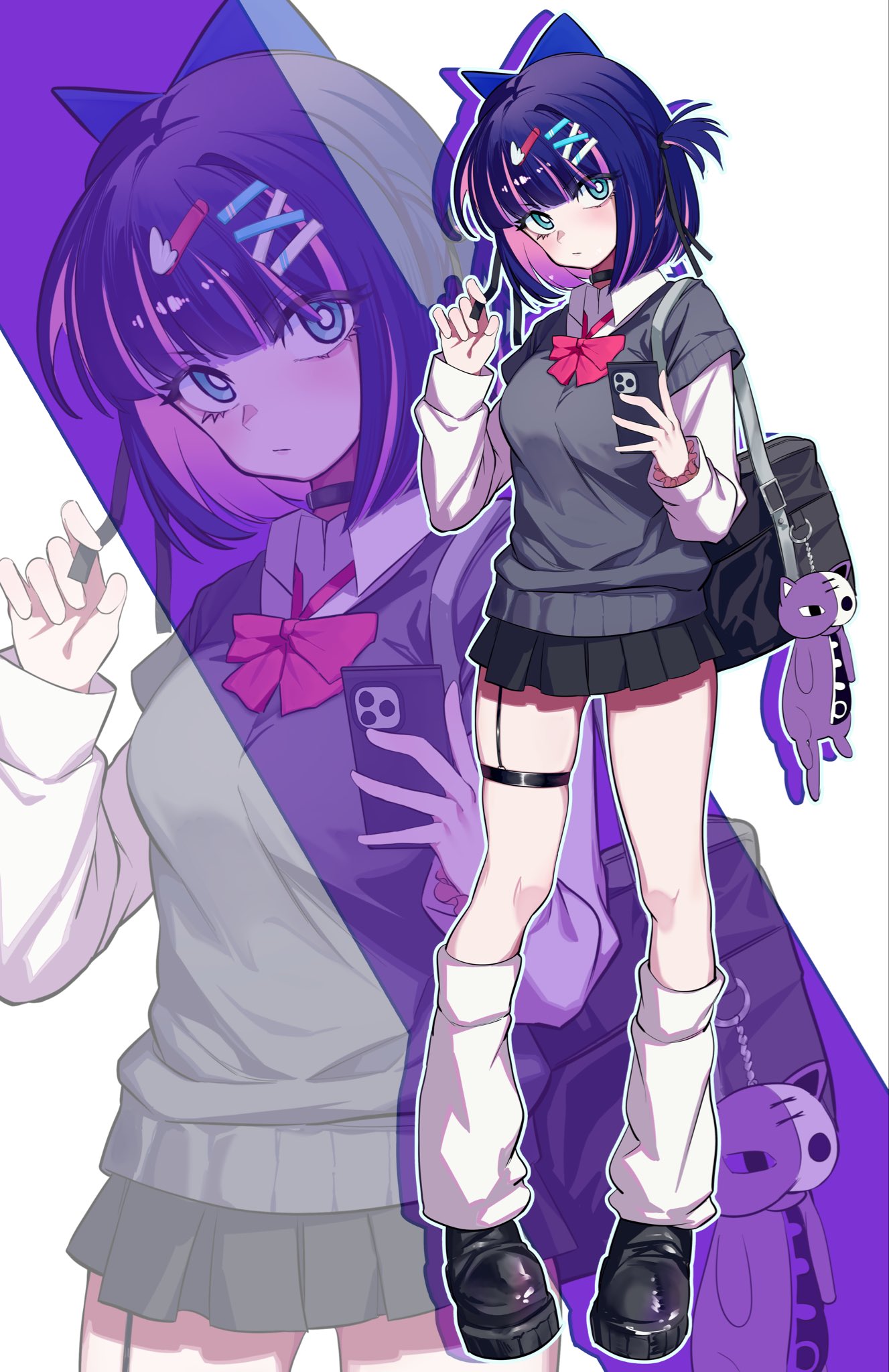 uuunagidon, honekoneko (psg), stocking (psg), panty & stocking with garterbelt, hashtag-only commentary, highres, 1girl, bag, black choker, black ribbon, black shoes, black skirt, blue bow, blue eyes, blunt bangs, bow, cellphone, choker, colored inner hair, full body, grey sweater, hair bow, hair ornament, hair ribbon, hairclip, head tilt, holding, holding phone, iphone, kneehighs, long sleeves, looking at viewer, loose socks, miniskirt, multicolored hair, outline, parallel hairclips, phone, pink bow, pink hair, pleated skirt, purple hair, ribbon, school bag, scrunchie, shirt, shoes, short hair, shoulder bag, skirt, smartphone, socks, standing, sweater, sweater vest, thigh strap, thighs, two-tone hair, white outline, white shirt, white sleeves, white socks, wrist scrunchie, x hair ornament, zoom layer